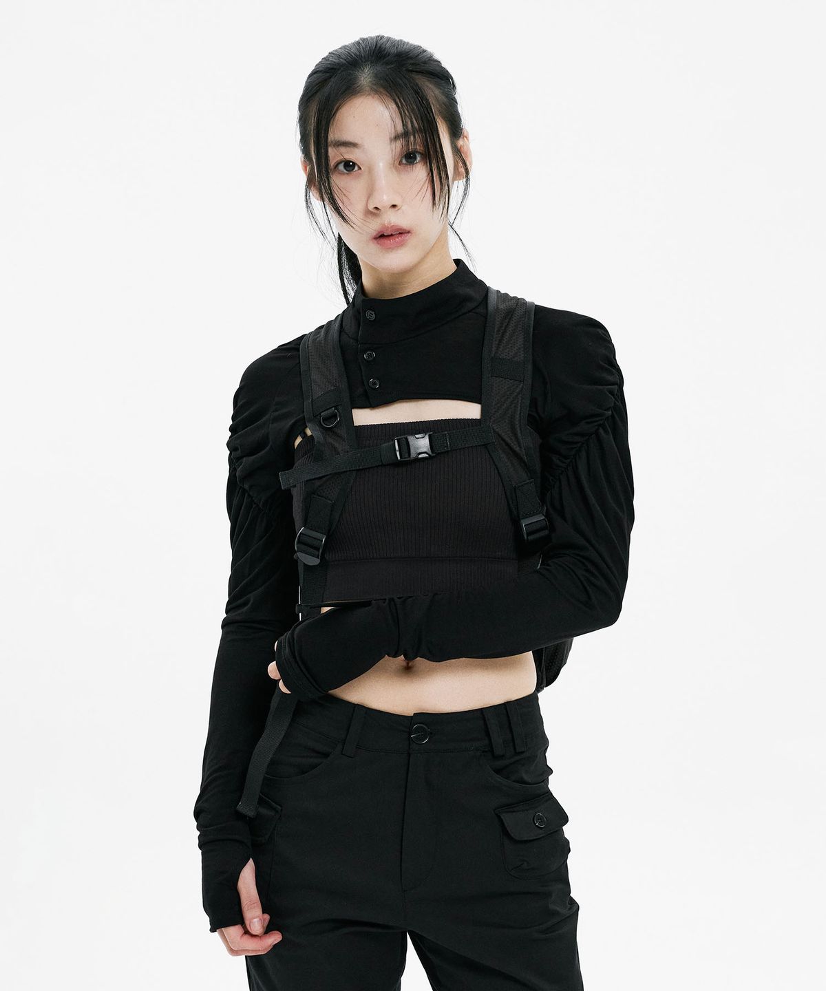 하나히(HANAHI) Double diagonal zipper backpack BLACK