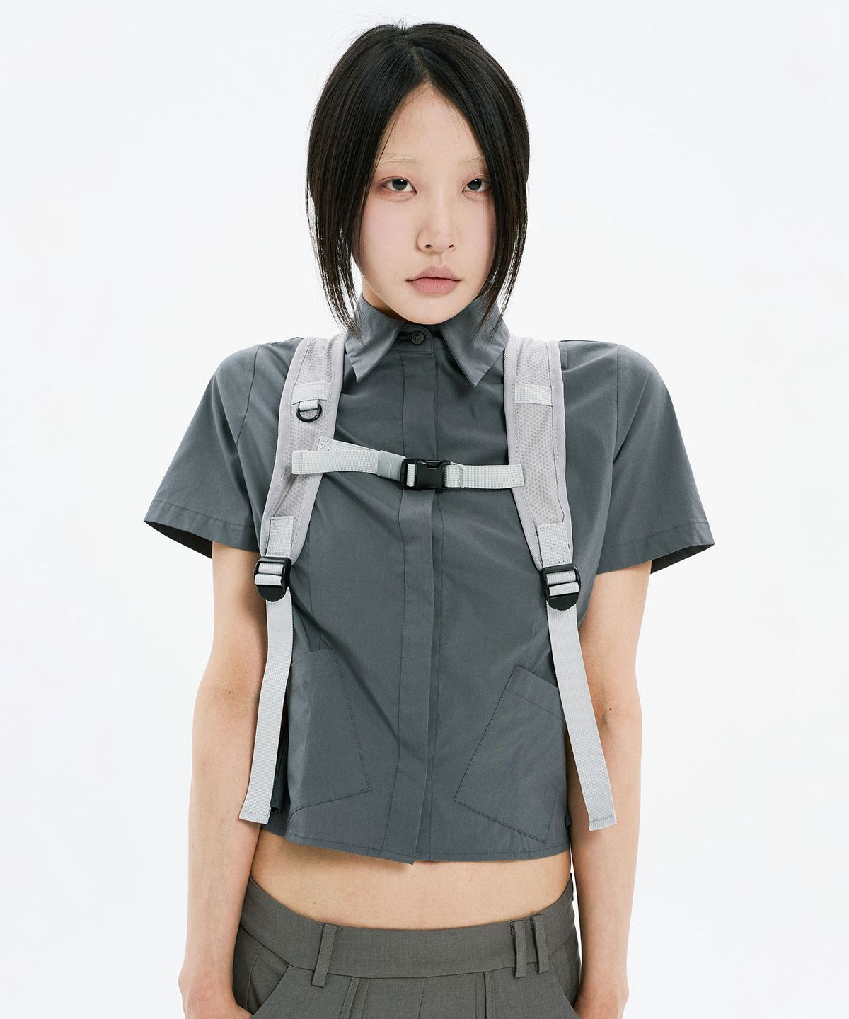 하나히(HANAHI) Double diagonal zipper backpack GREY