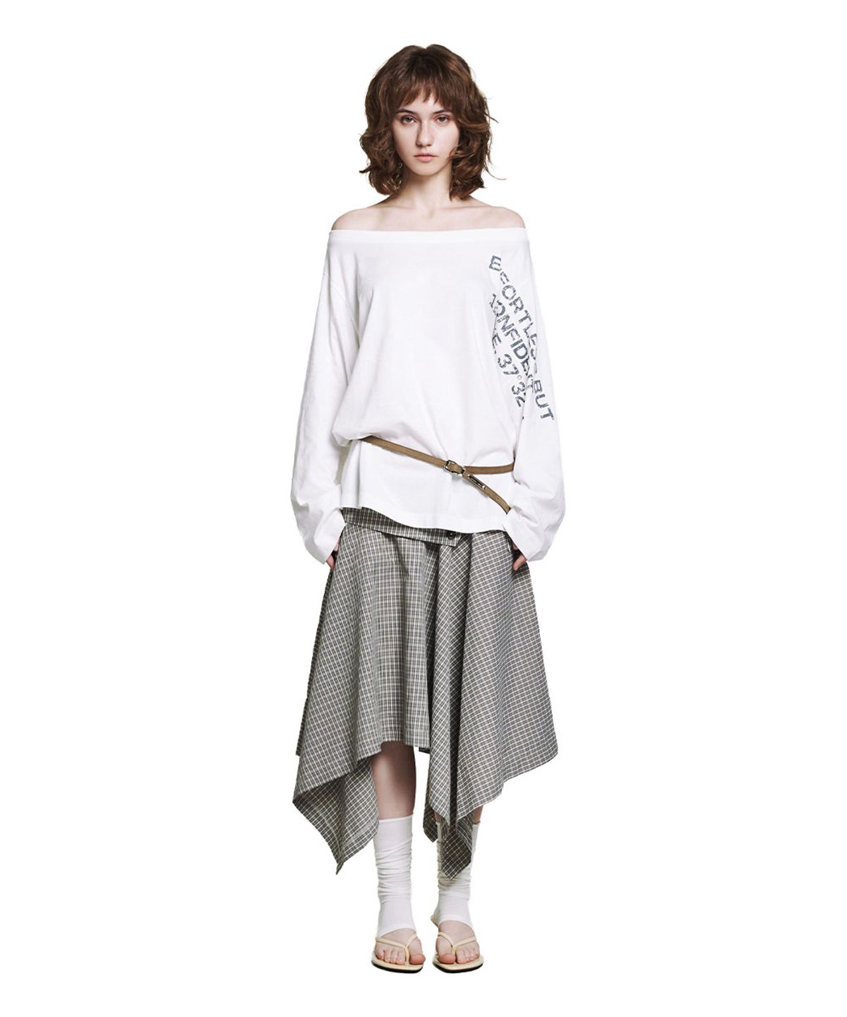 로타입(ROUGHTYPE) Unbalance Button Check Skirt - Beige