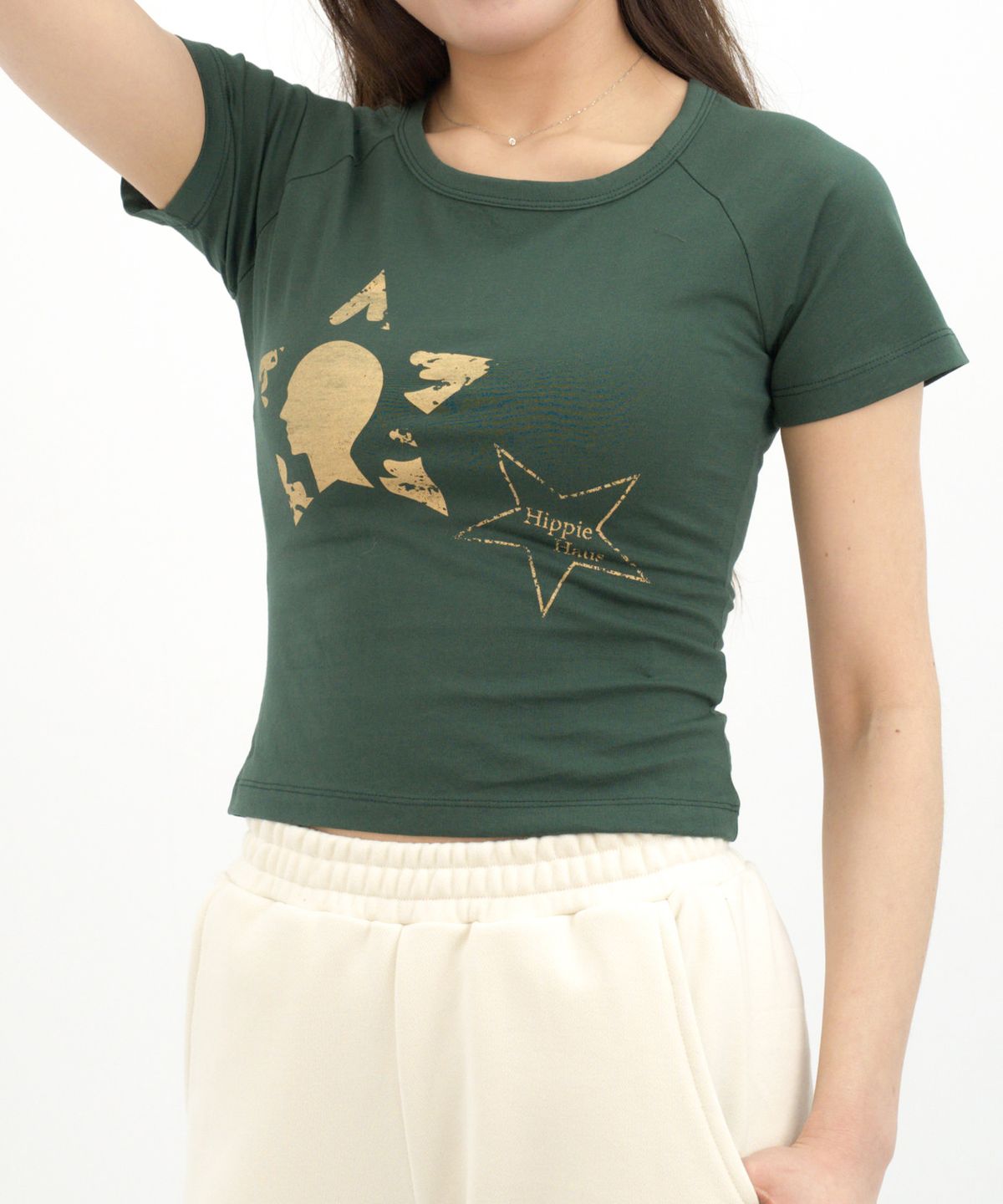 히피하우스(HIPPIE HAUS) HH Star Raglan Core essential curve t-shirt - Green