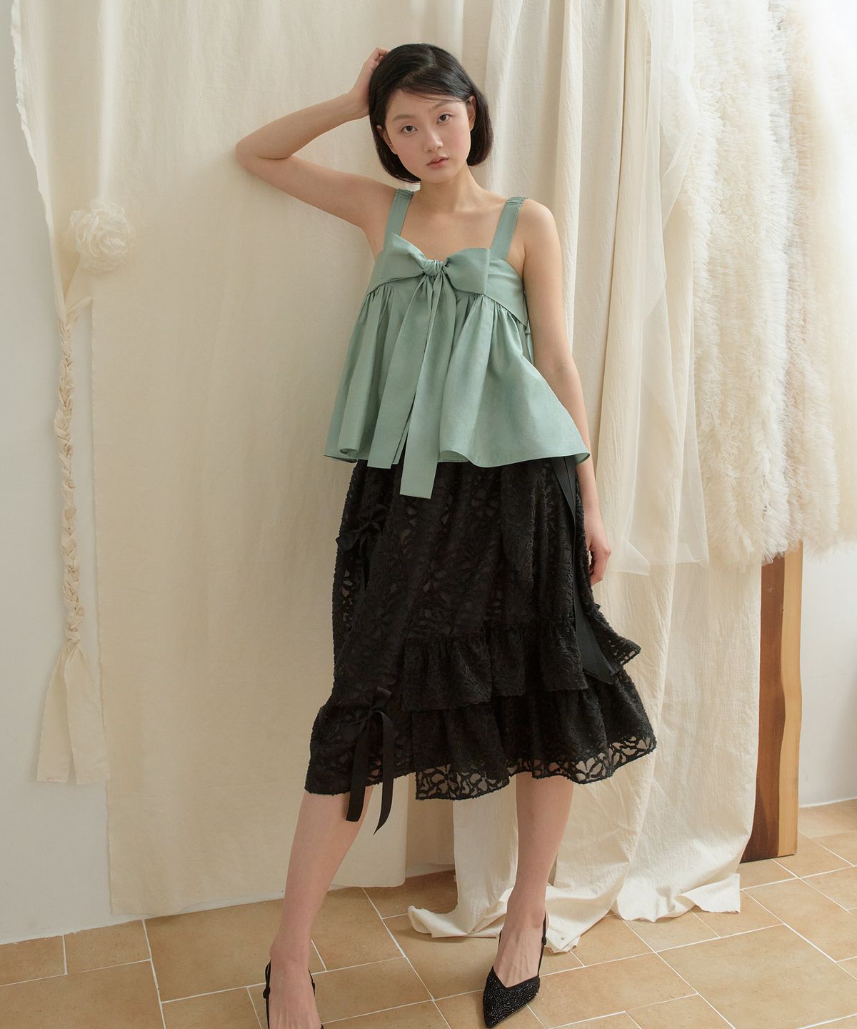 센뉴(SENUE) Ribbon Shirring Sleeveless (MINT)