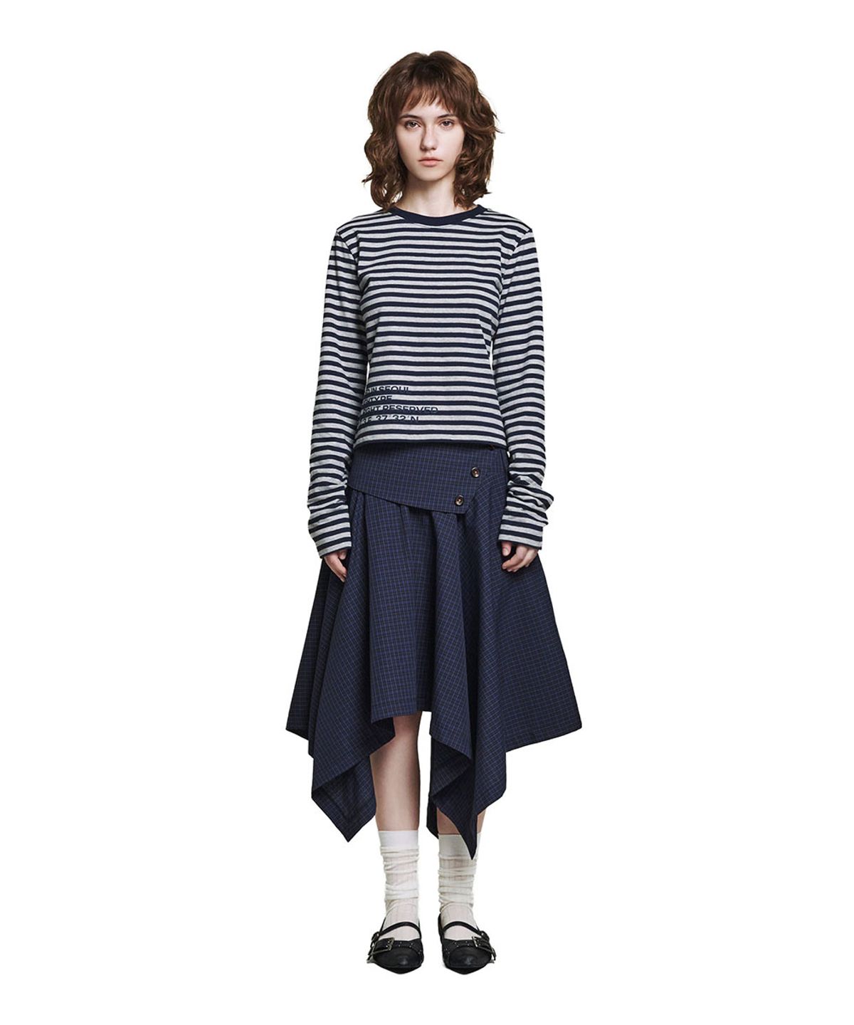 로타입(ROUGHTYPE) Waist Lettering Striped Long Sleeve - Navy