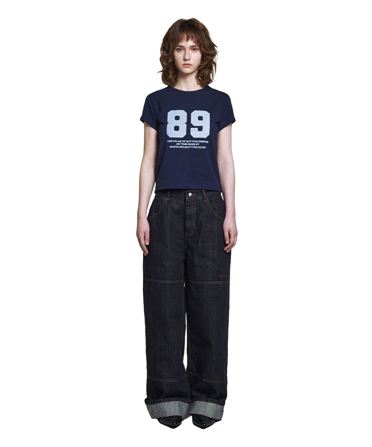 로타입(ROUGHTYPE) Logo Point Roll-up Denim Pants - Indigo