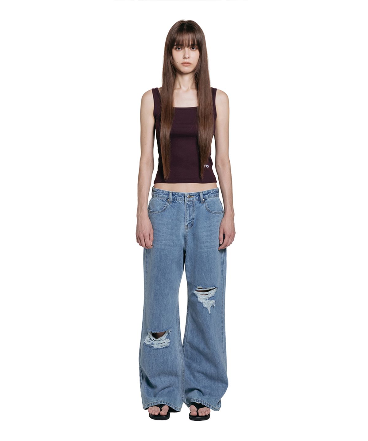 로타입(ROUGHTYPE) Damage Semi-bootcut Denim Pants - Mid blue