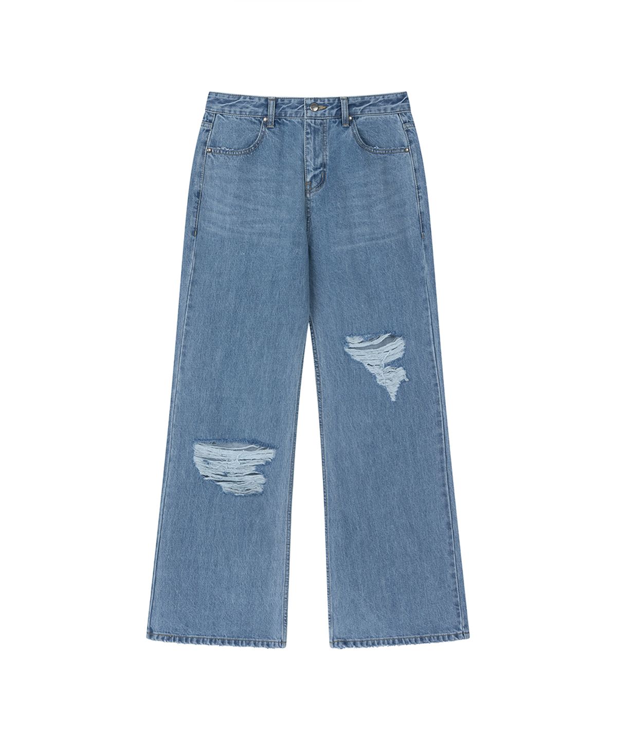 로타입(ROUGHTYPE) Damage Semi-bootcut Denim Pants - Mid blue