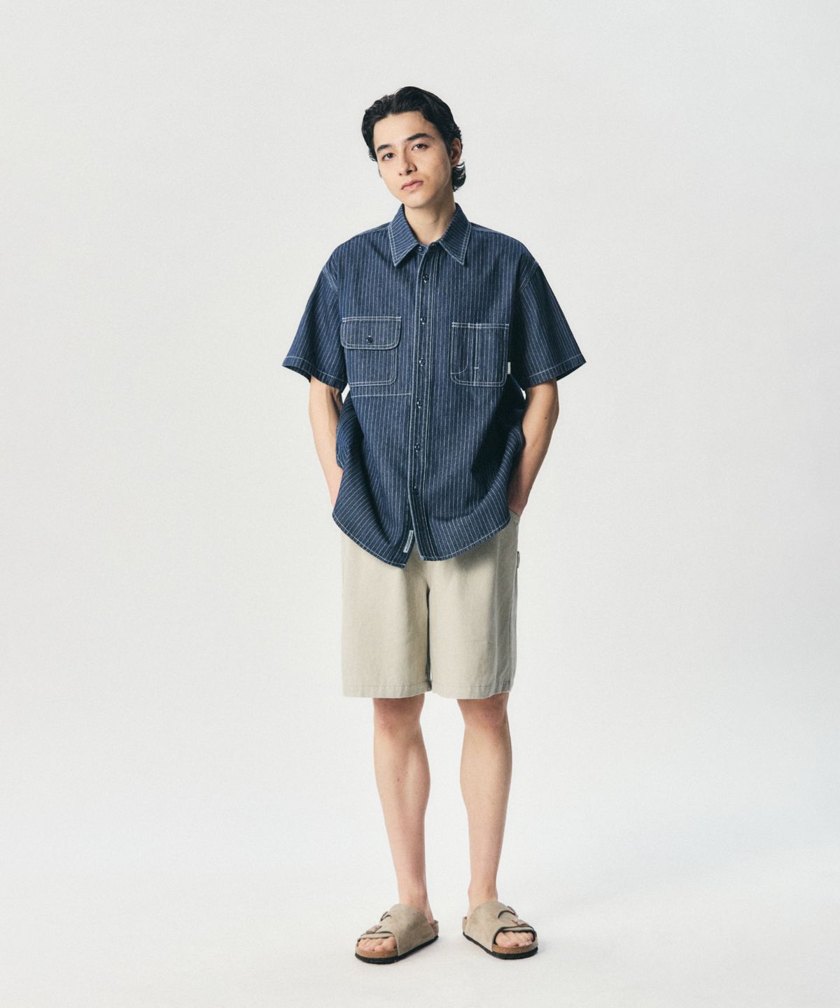 에스피오나지(ESPIONAGE) Stripe Denim S/S Railroad Shirt Indigo