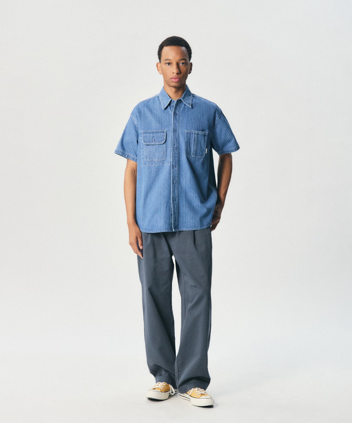 에스피오나지(ESPIONAGE) Stripe Denim S/S Railroad Shirt Light Indigo