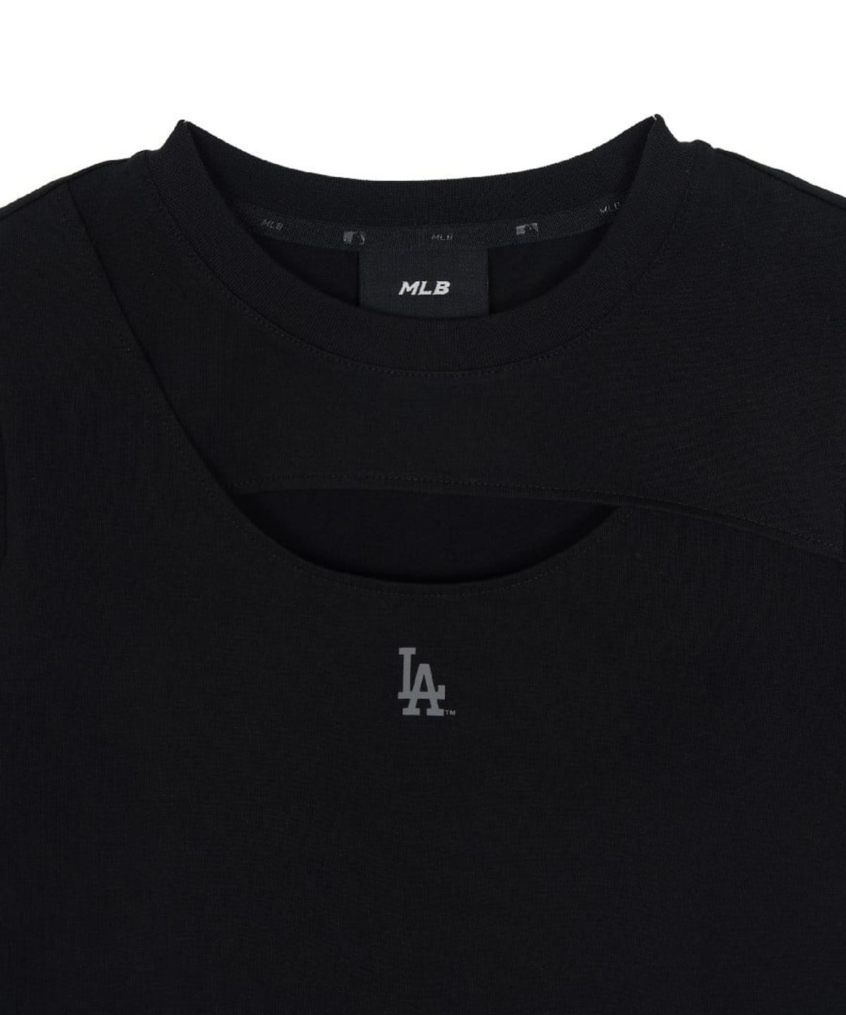 엠엘비(MLB) 여성 컷아웃 디테일 슬림 세미 크롭 반팔 티셔츠 LA (Black)
