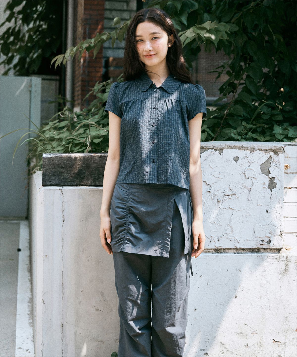미쏘(MIXXO) Shirred Check Short Sleeve Shirt MIWYAG702G MIWYAG93QG