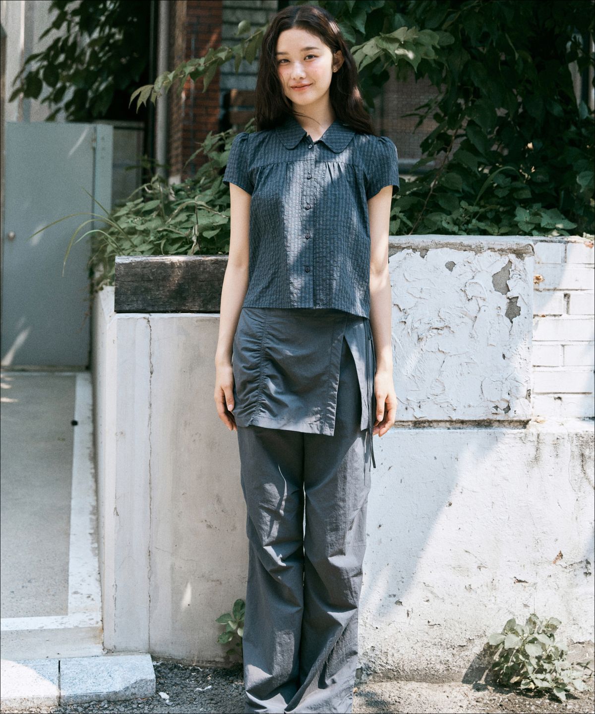 미쏘(MIXXO) Shirred Check Short Sleeve Shirt MIWYAG702G MIWYAG93QG