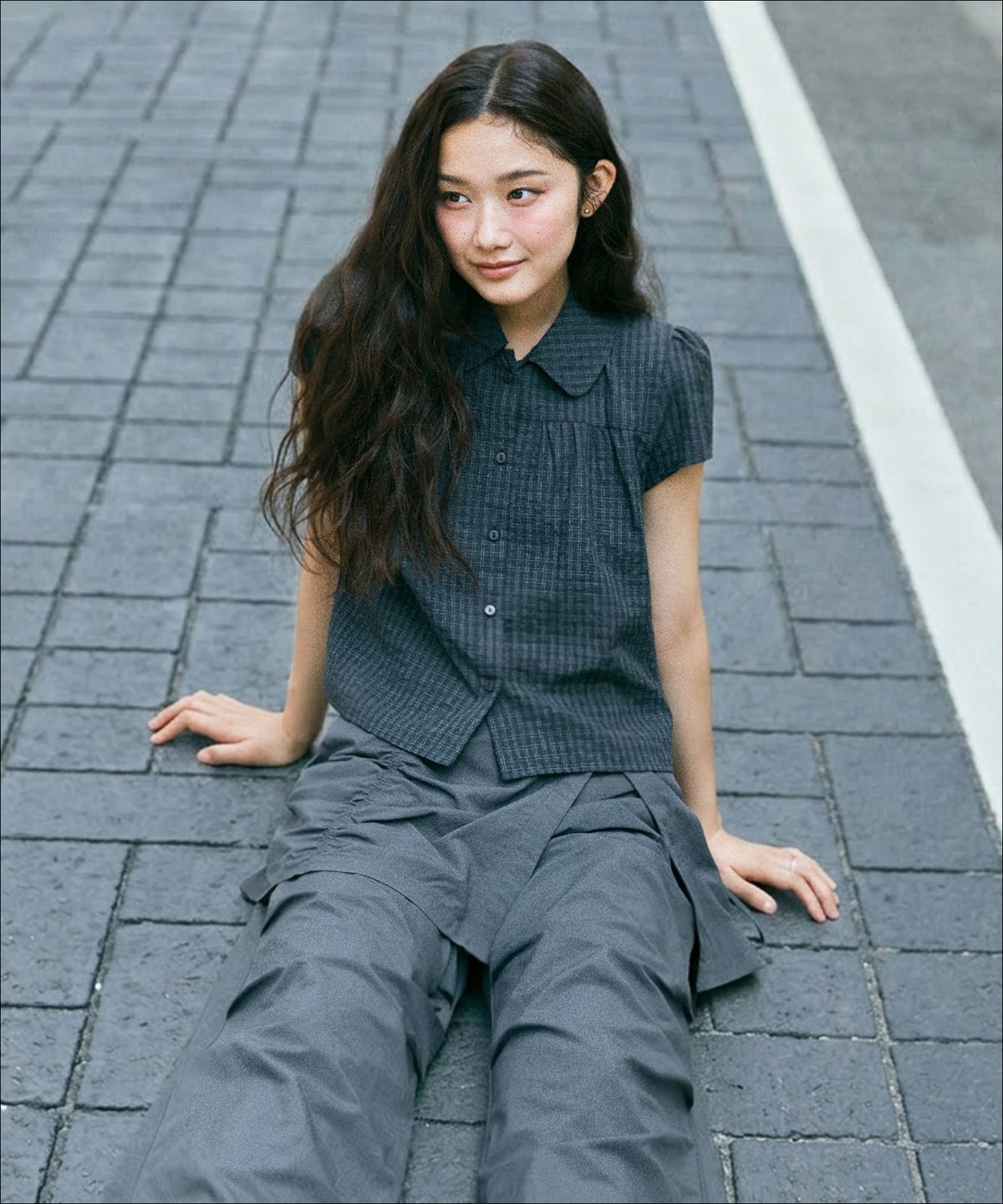 미쏘(MIXXO) Shirred Check Short Sleeve Shirt MIWYAG702G MIWYAG93QG