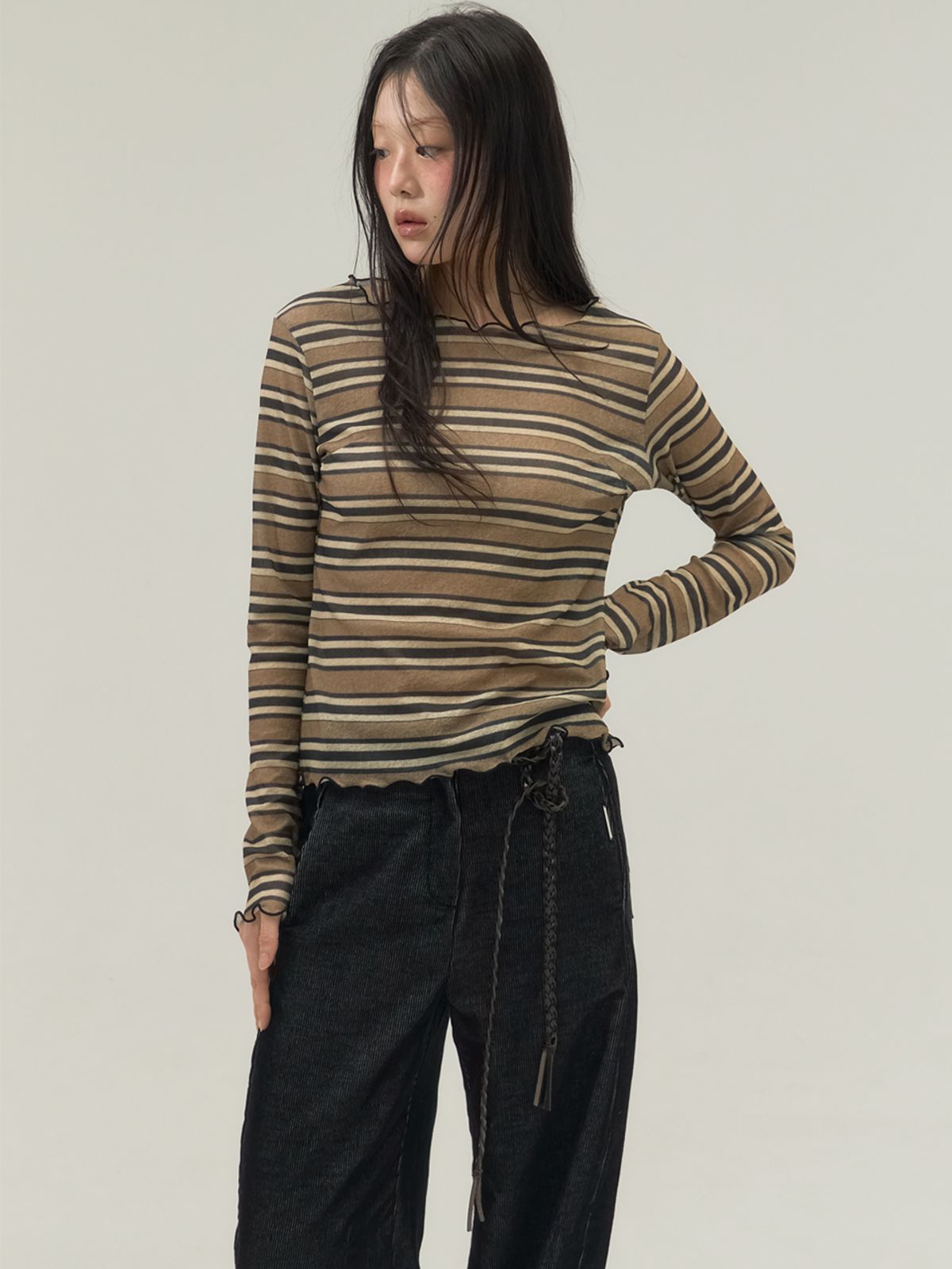 쏘리, 투 머치 러브(SORRY, TOO MUCH LOVE) Braided Slim Leather Strap Belt_Brown