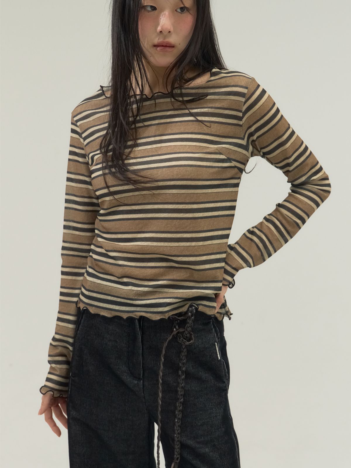 쏘리, 투 머치 러브(SORRY, TOO MUCH LOVE) Braided Slim Leather Strap Belt_Brown
