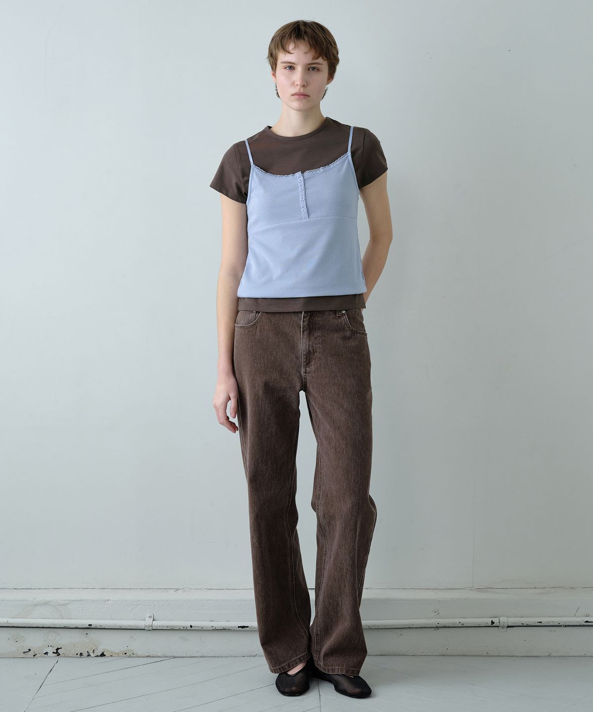 시메트릭 퍼센트(SYMMETRICPERCENT) Lace Layered Two-Way Top / Brown