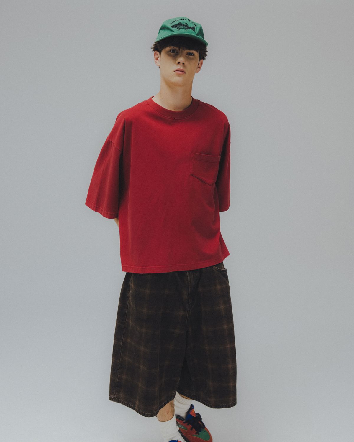 앵글런(ANGLAN) Washed Wide Pocket Crop Tee - Red