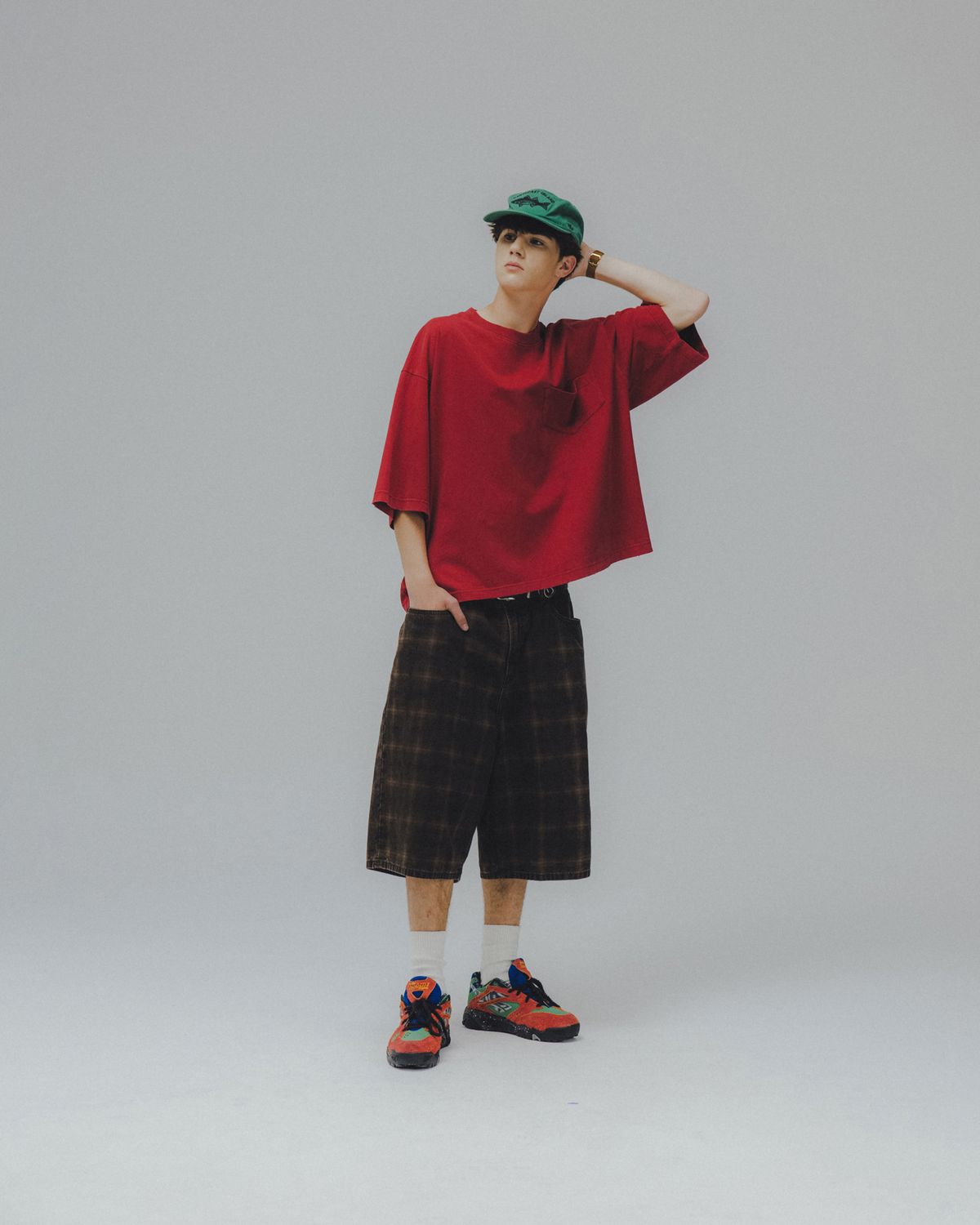 앵글런(ANGLAN) Washed Wide Pocket Crop Tee - Red