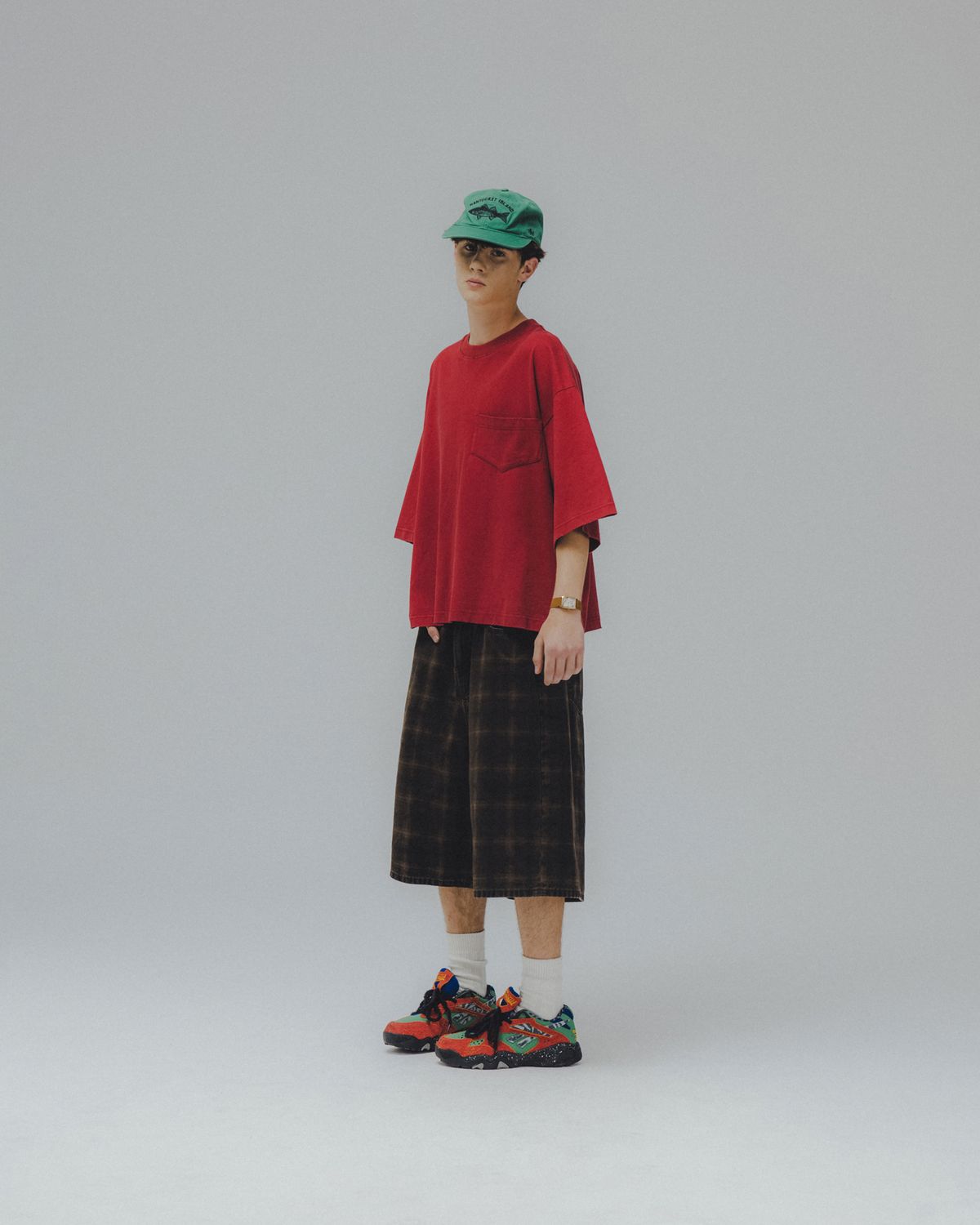앵글런(ANGLAN) Washed Wide Pocket Crop Tee - Red