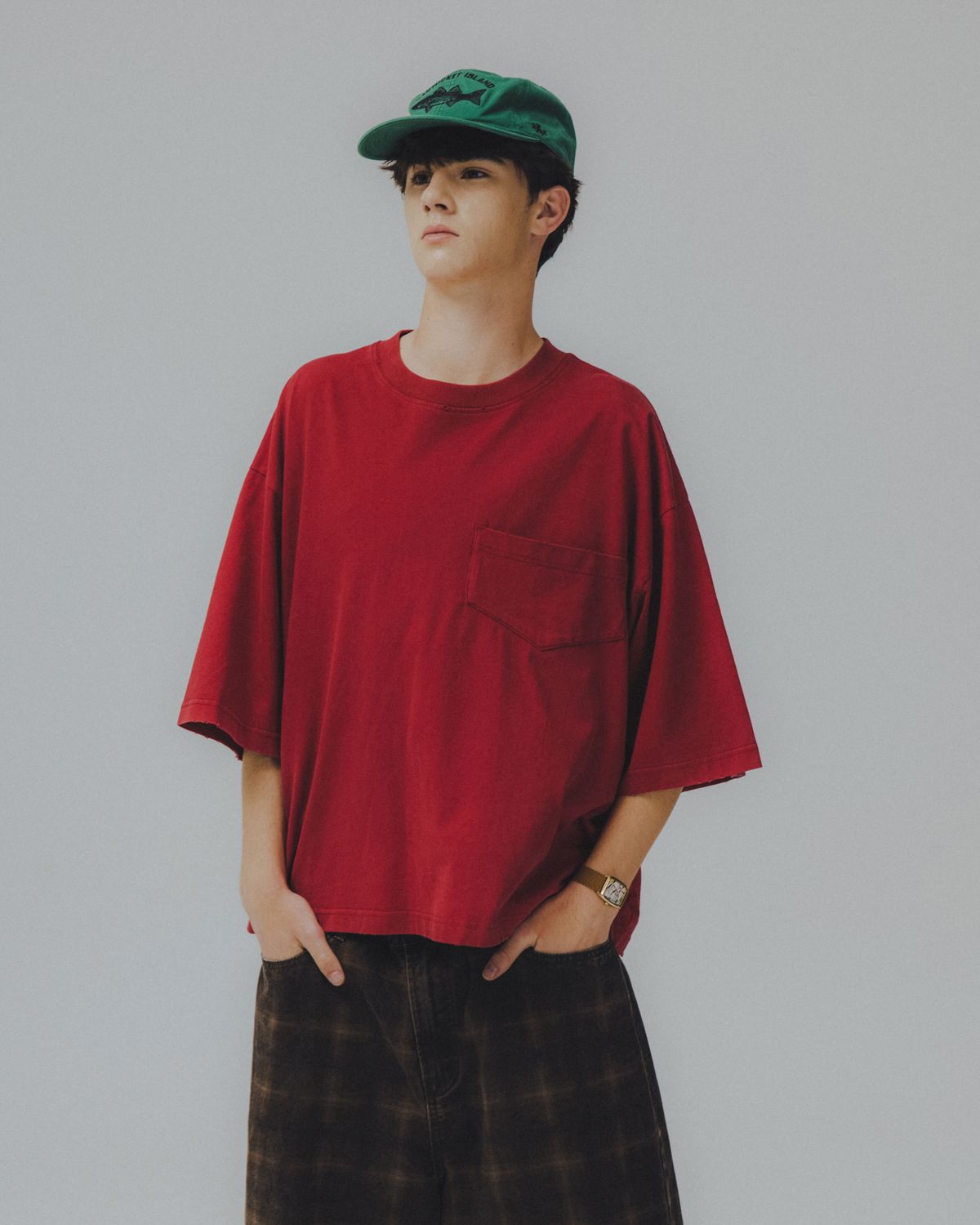 앵글런(ANGLAN) Washed Wide Pocket Crop Tee - Red