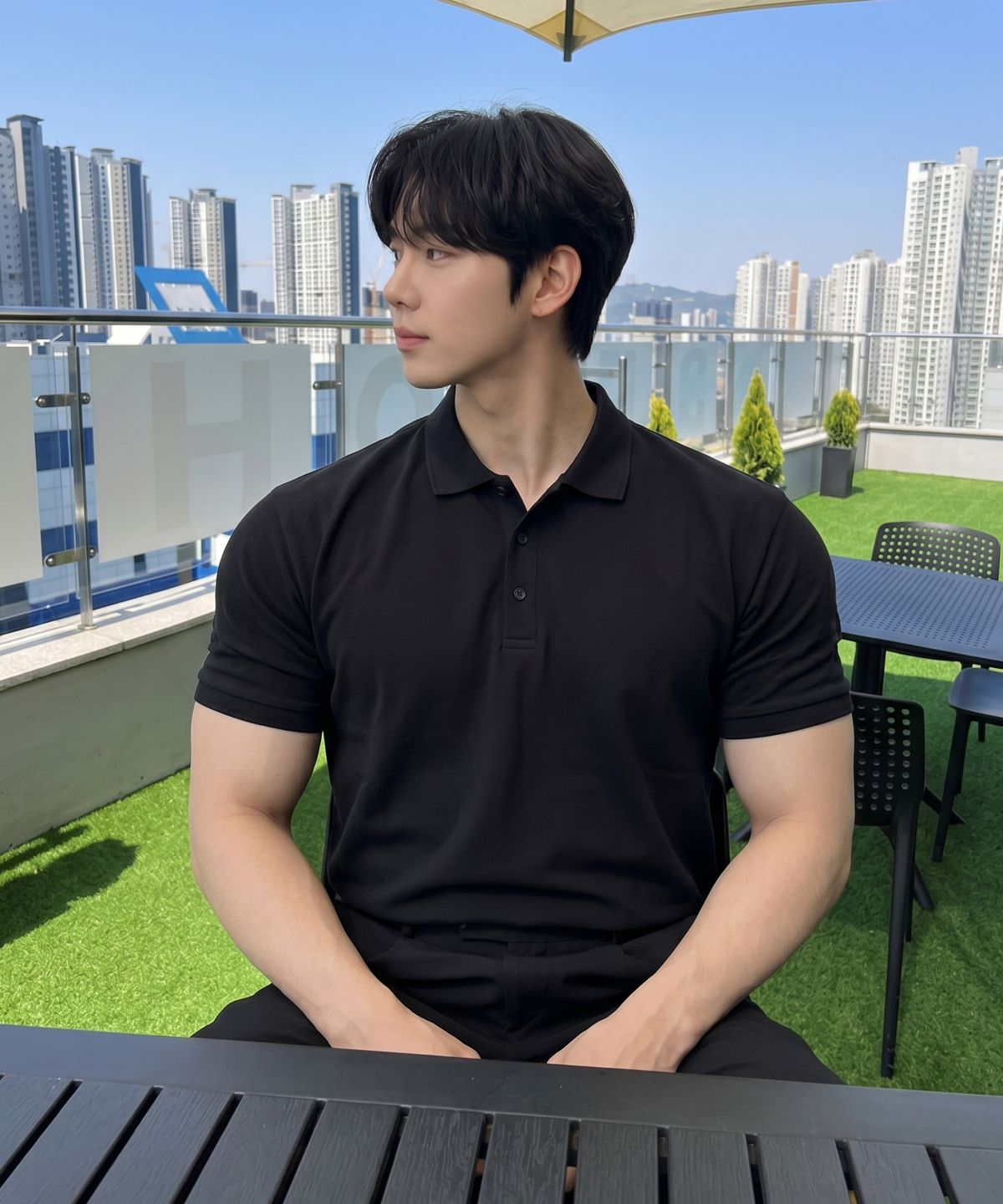 에르비노(HERVINO) 베이직 쿨 코튼 카라 반팔티[블랙]