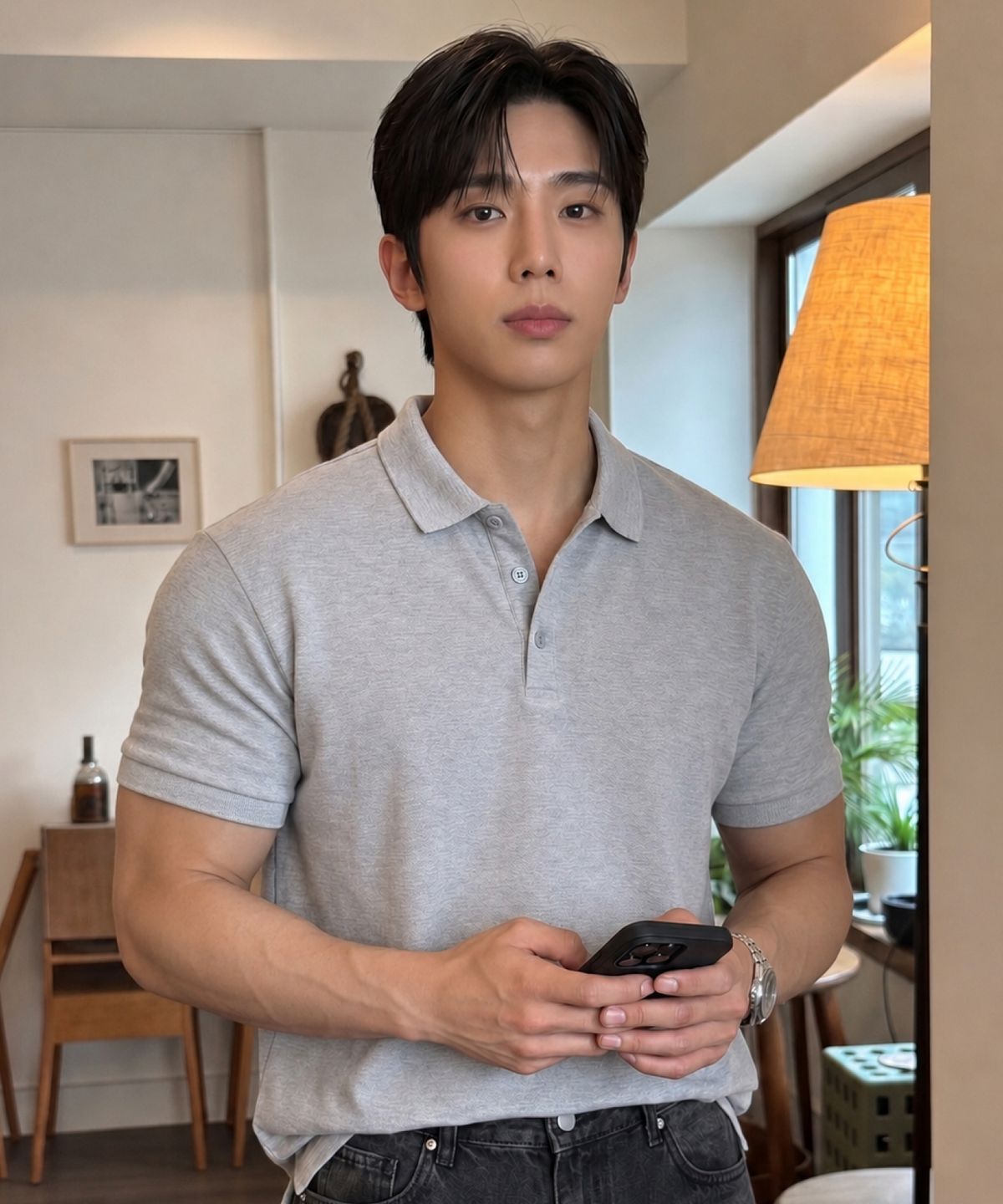 에르비노(HERVINO) 베이직 쿨 코튼 카라 반팔티[멜란지그레이]