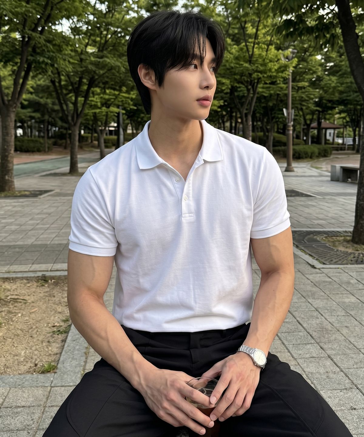 에르비노(HERVINO) 베이직 쿨 코튼 카라 반팔티[화이트]