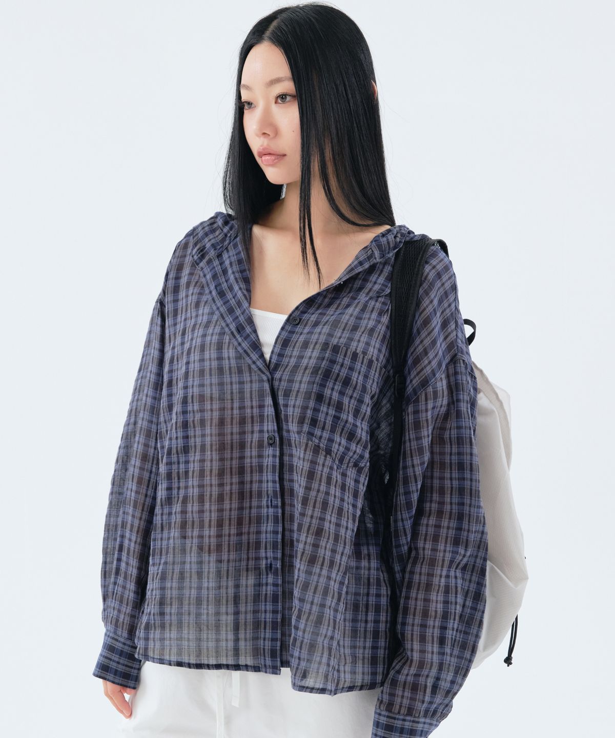 노이아고(NOIAGO) [최소윤X노이아고] NOI1866 후드 체크 셔츠 (네이비)