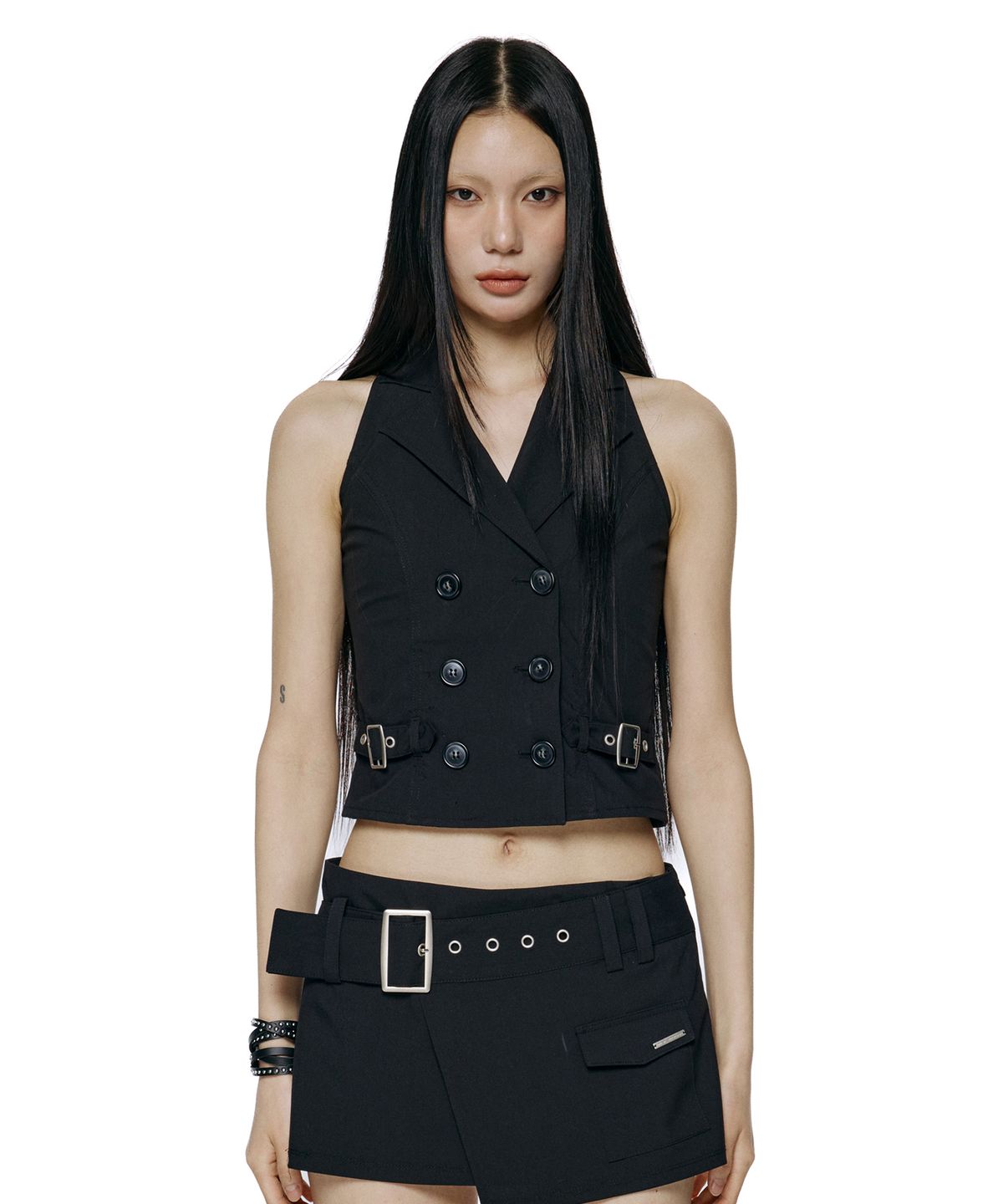 락케이크(ROCKCAKE) Double Button Halter Vest - Black