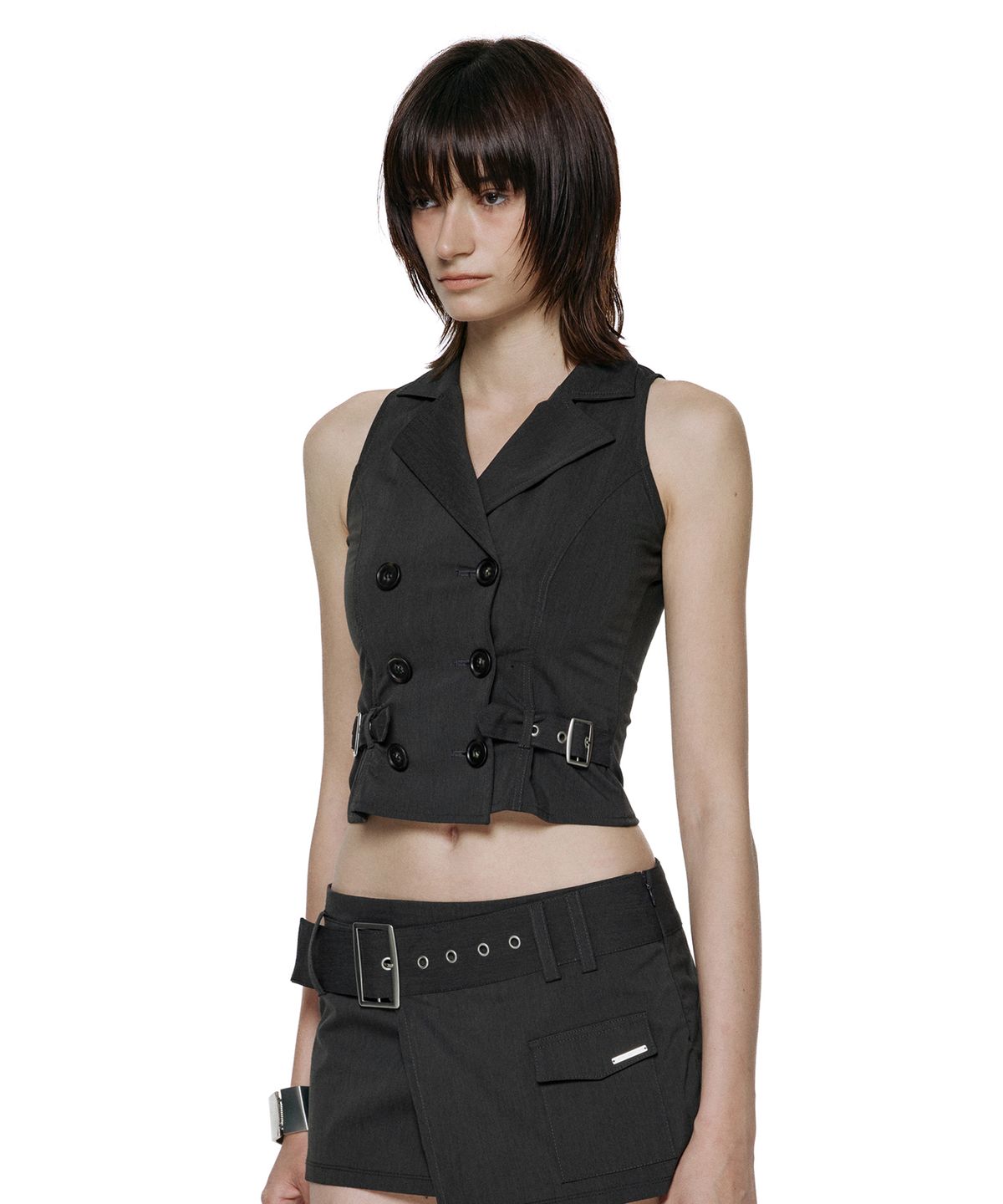 락케이크(ROCKCAKE) Double Button Halter Vest - Charcoal