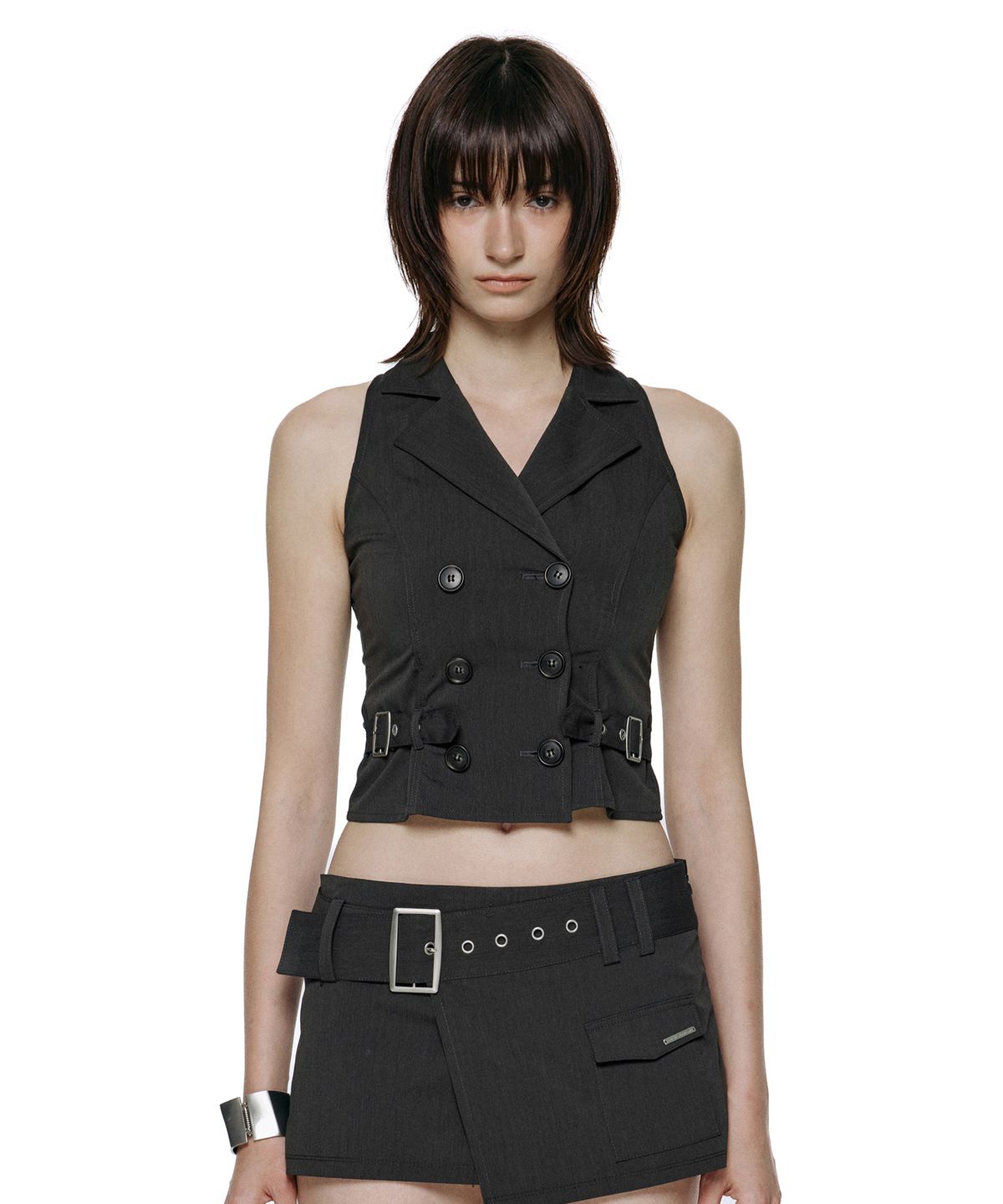 락케이크(ROCKCAKE) Double Button Halter Vest - Charcoal