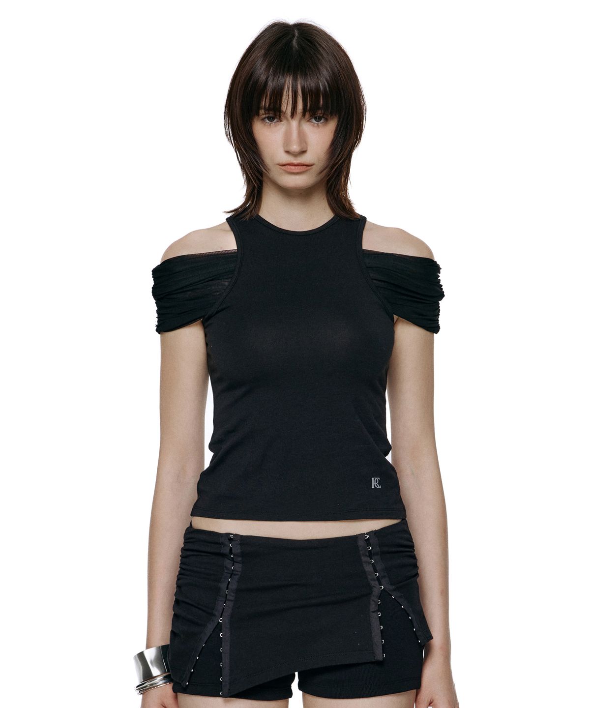 락케이크(ROCKCAKE) Off Shoulder Band Tank Top - Black