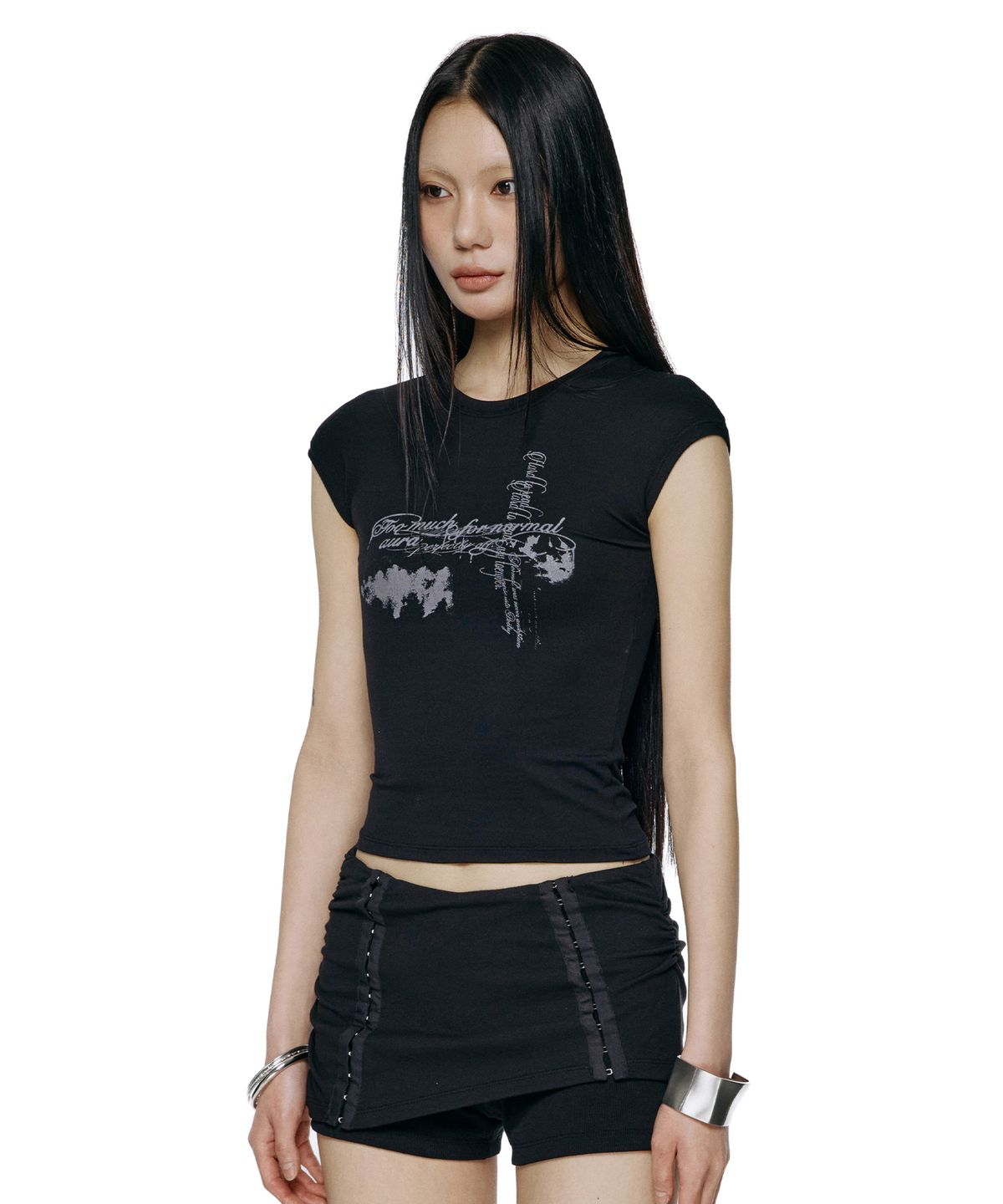 락케이크(ROCKCAKE) Aura Cap Sleeve Top - Black