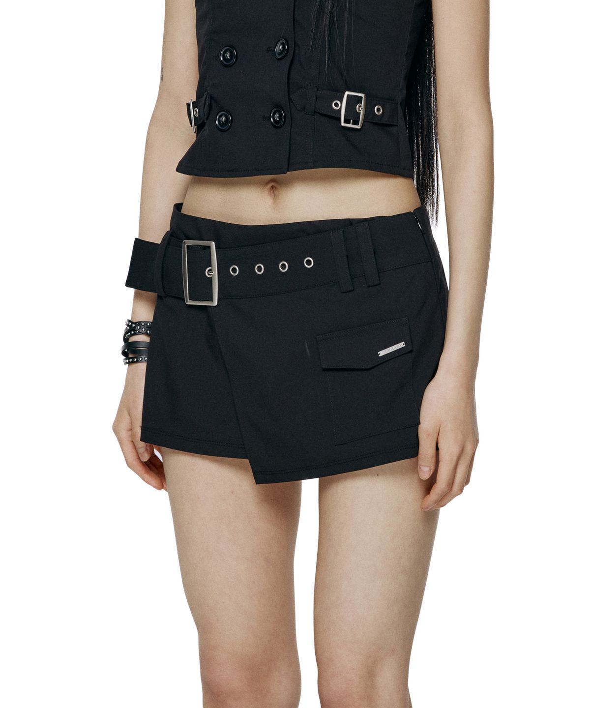락케이크(ROCKCAKE) Wide Belt Wrap Skirt - Black