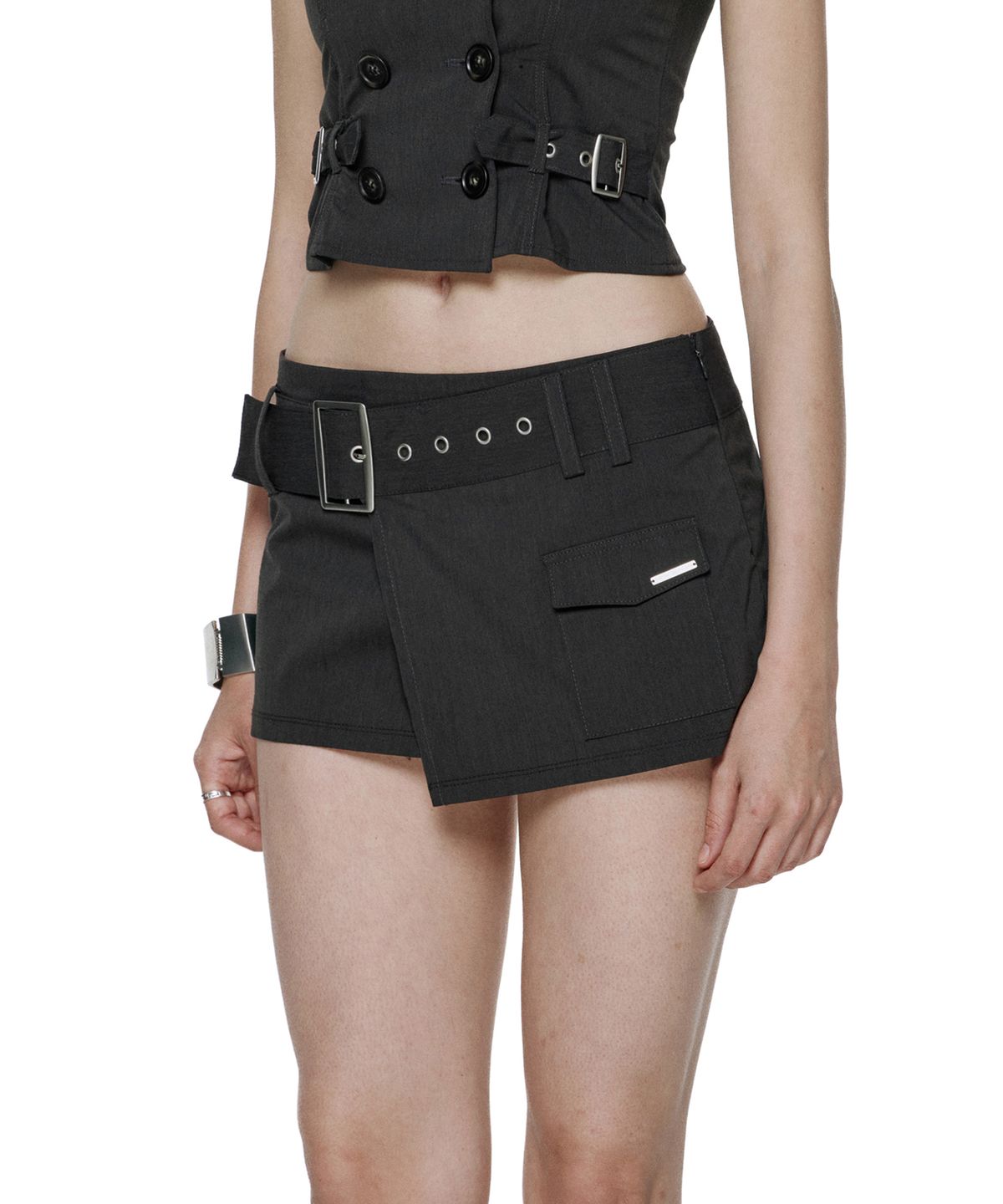 락케이크(ROCKCAKE) Wide Belt Wrap Skirt - Charcoal