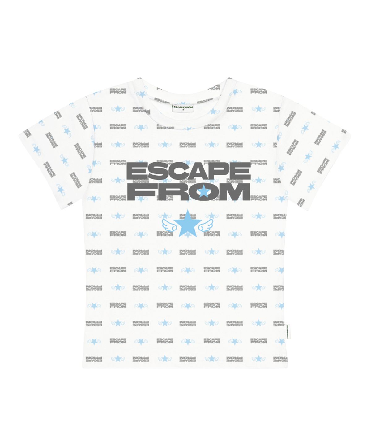 이스케이프프롬(ESCAPEFROM) 엔젤 스타 타이포 로고플레이 풀프린트 슬림핏 반팔티 라이트블루