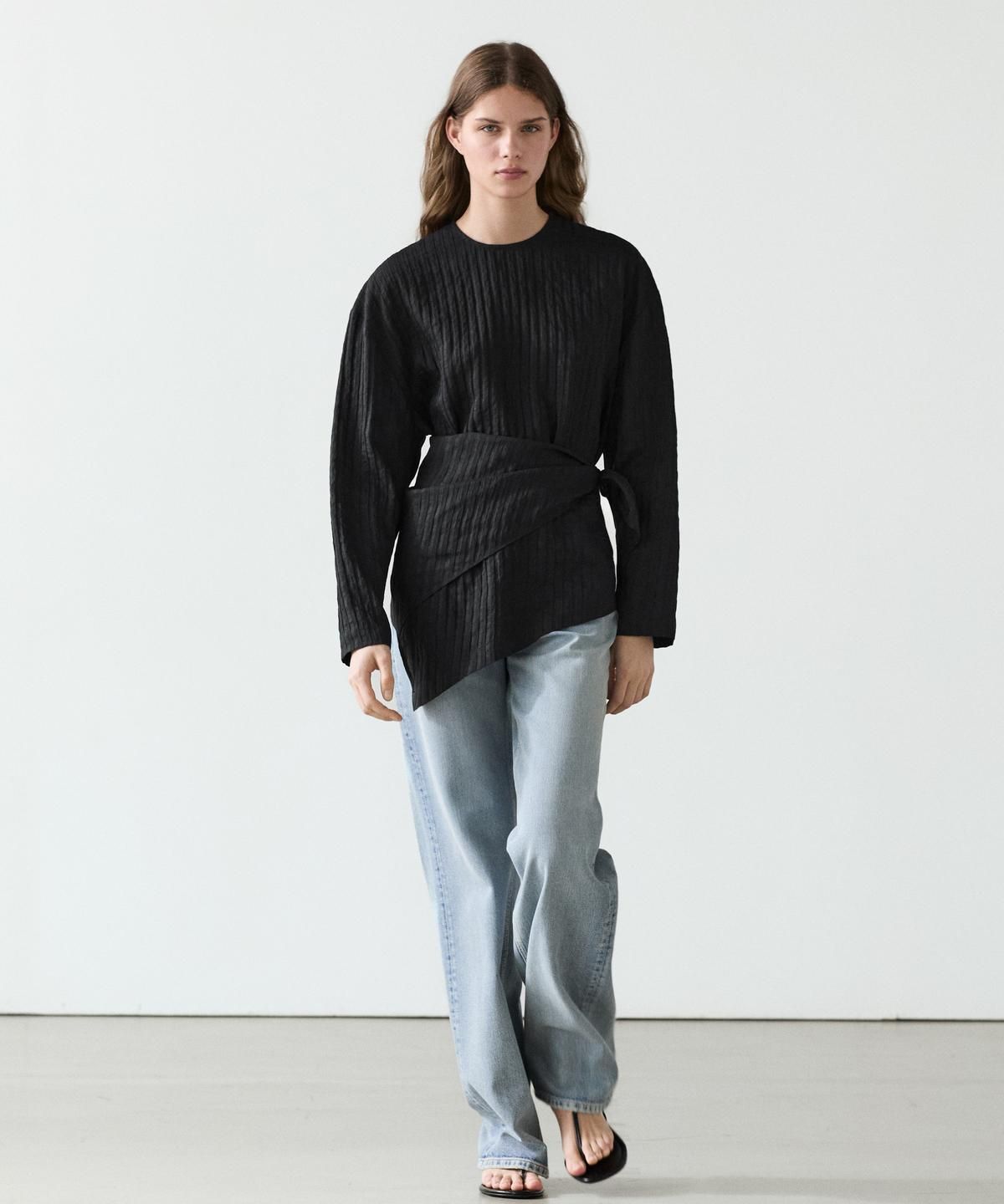 마시모두띠(MASSIMO DUTTI) 리넨 스트라이프 스카프 디테일 셔츠