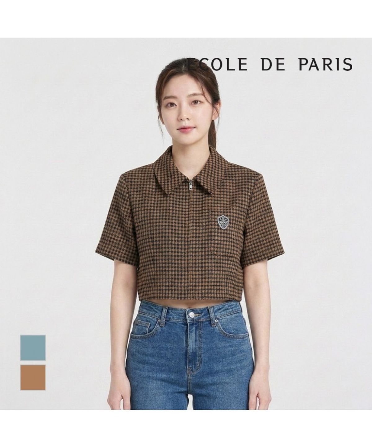 에꼴드파리(ECOLEDEPARIS) 체크패턴 집업 반팔 자켓_RB34WJCM33Z