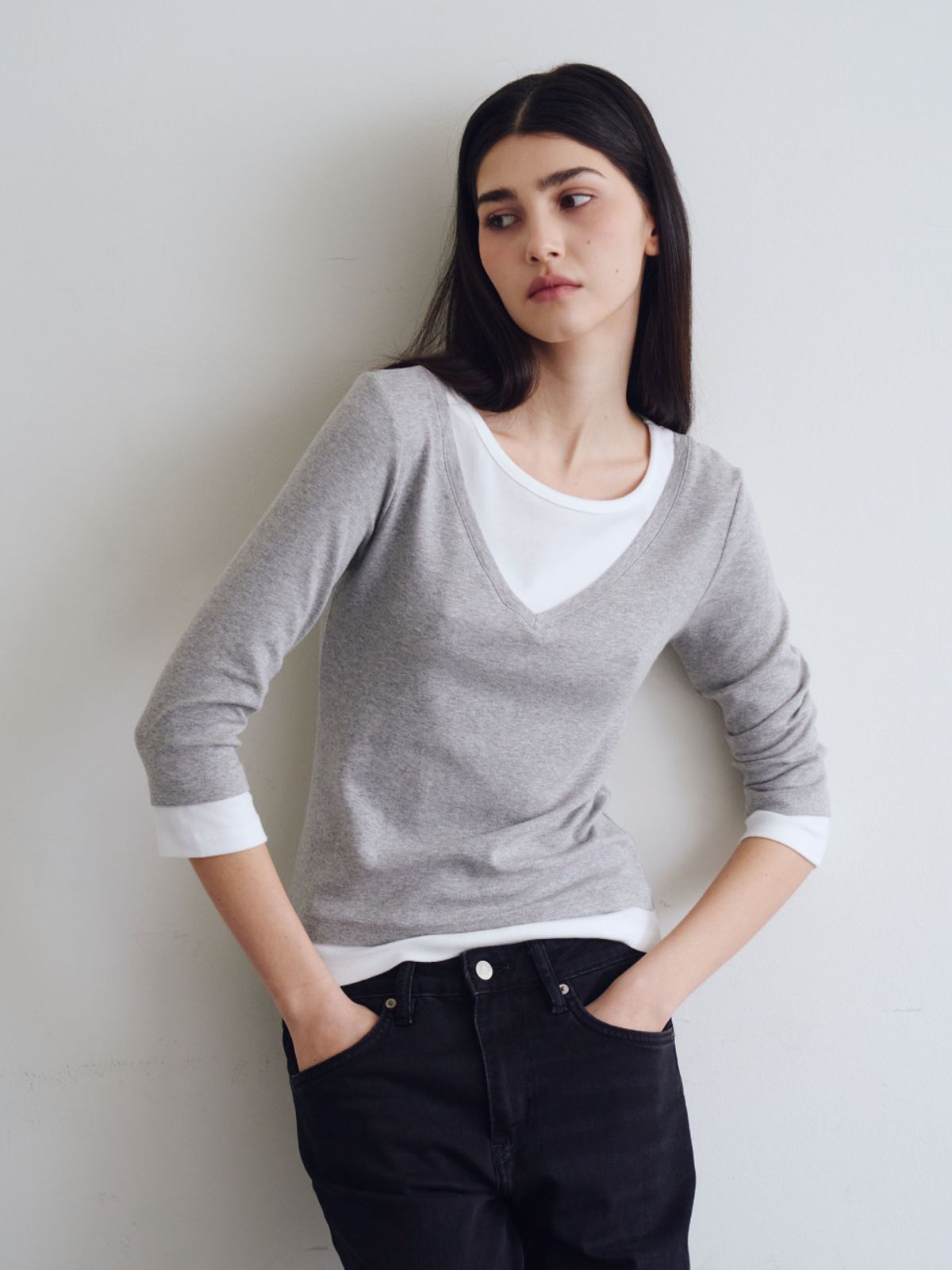 웨이브유니온(WAVE UNION) Layered V-neck Three-quarter sleeve top Heather dark gray