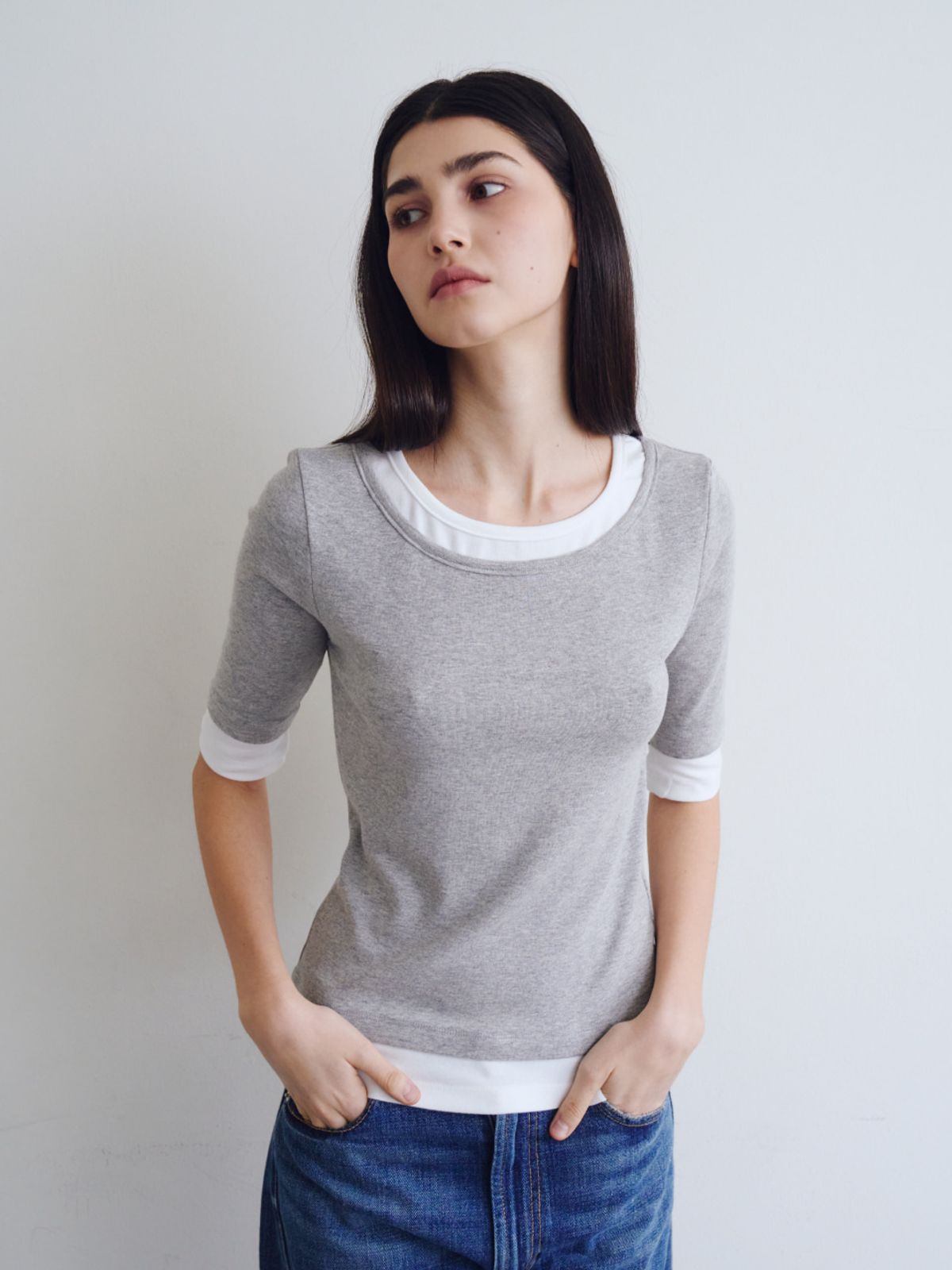 웨이브유니온(WAVE UNION) Layered half sleeve top Heather dark gray