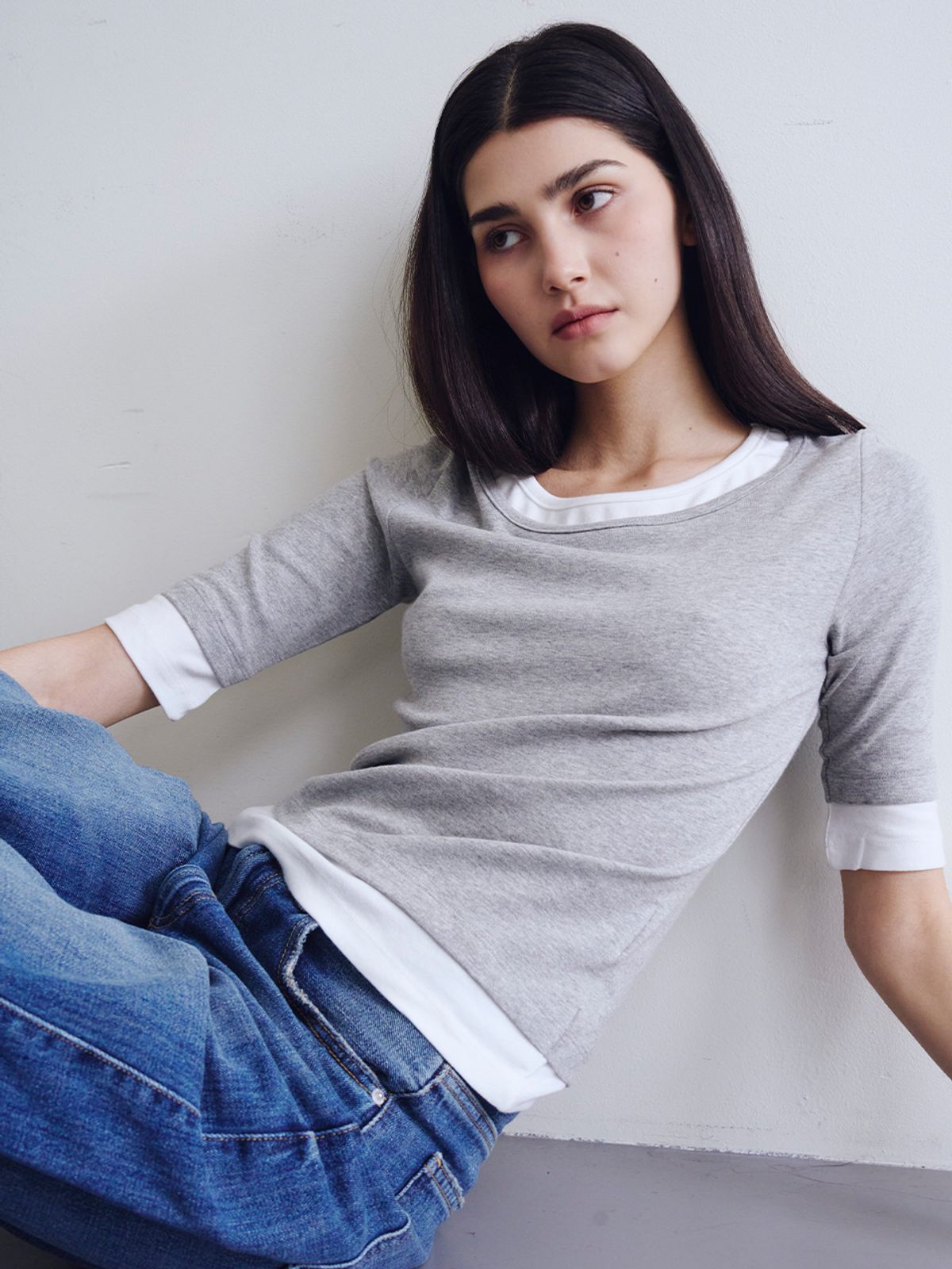 웨이브유니온(WAVE UNION) Layered half sleeve top Heather dark gray