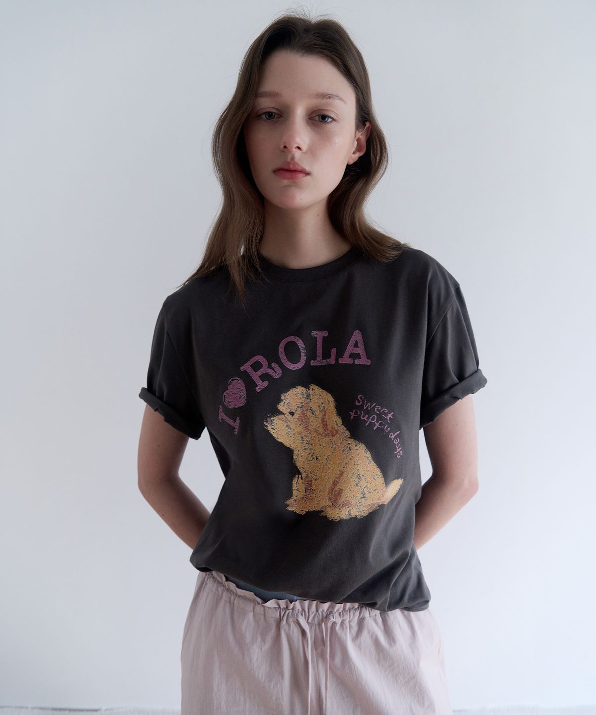 로라로라(ROLAROLA) I LOVE ROLA PUPPY FRIENDS T-SHIRT CHARCOAL
