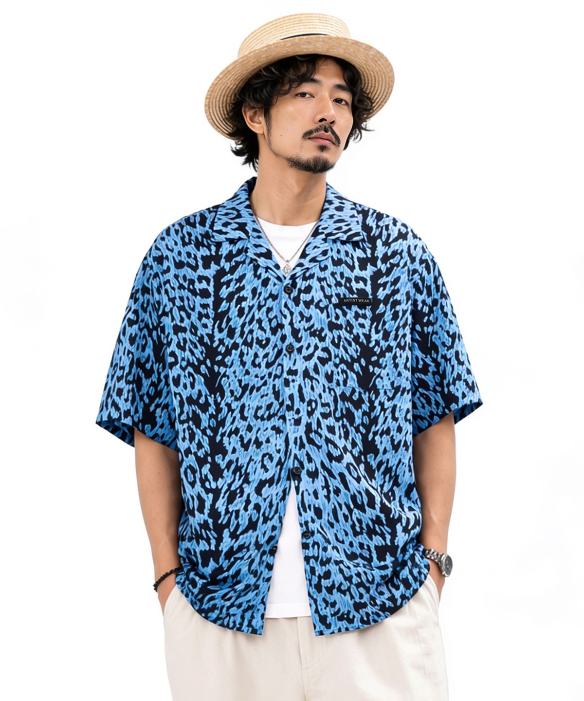아티스트웨어(ARTISTWEAR) [ATW] 플로우 레오파드 하프셔츠 - BLUE