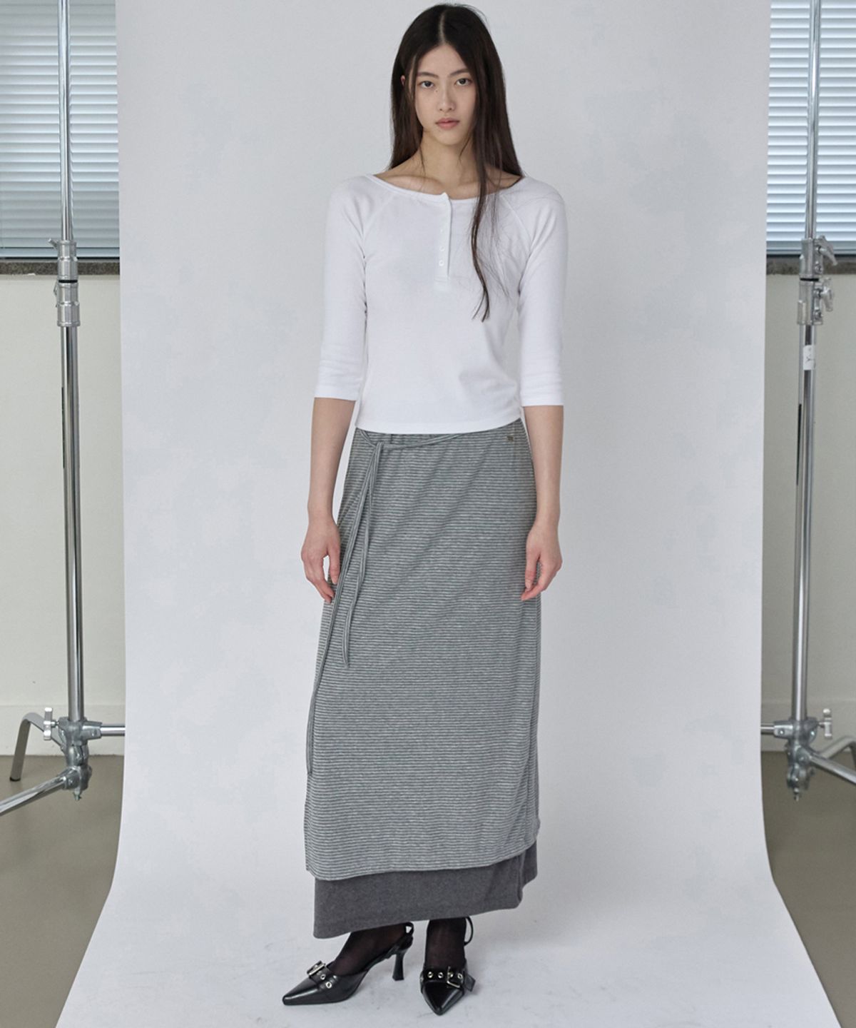 렌세(RENSE) Striped Layered Long Skirt Gray