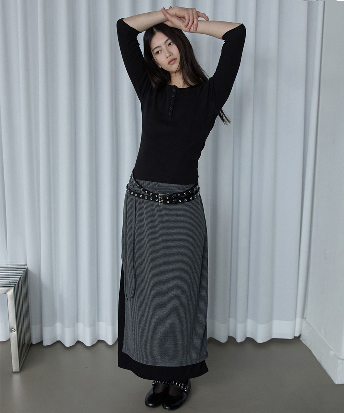 렌세(RENSE) Striped Layered Long Skirt Black