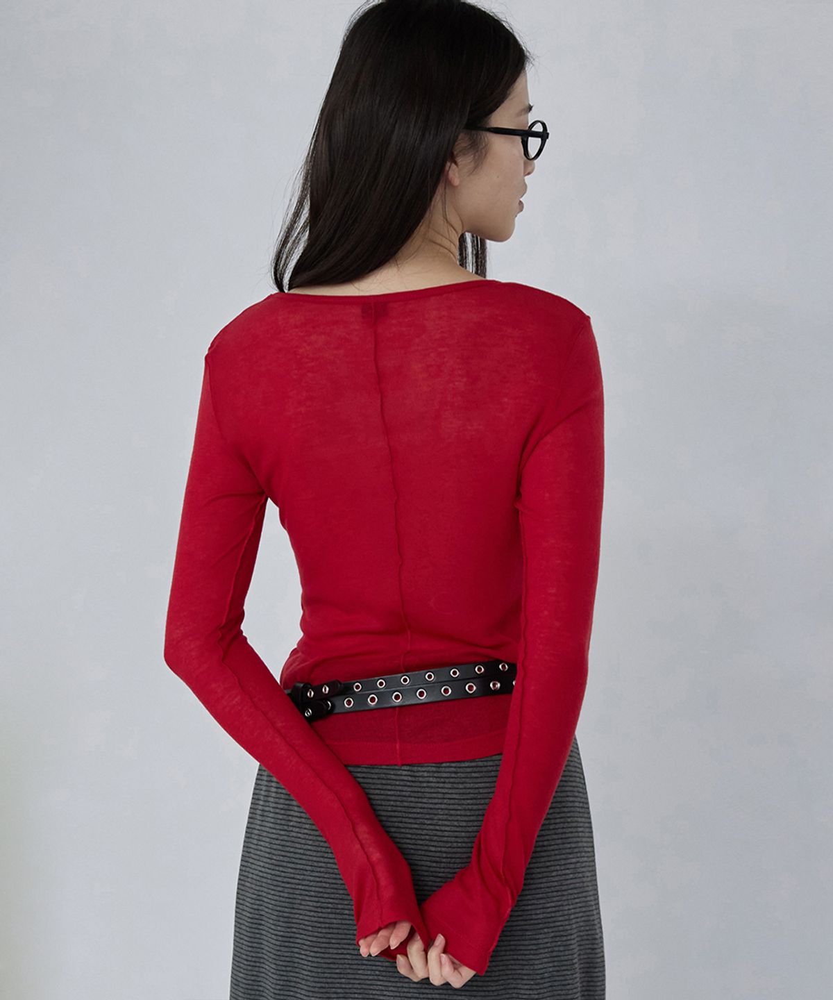 렌세(RENSE) Sheer Layered Long Sleeve Tee Red