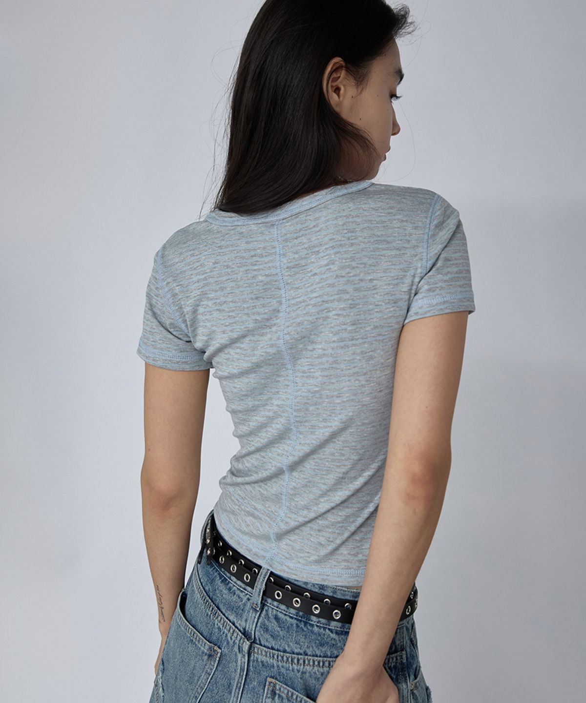 렌세(RENSE) Slim Fit Striped Tee Melange Gray
