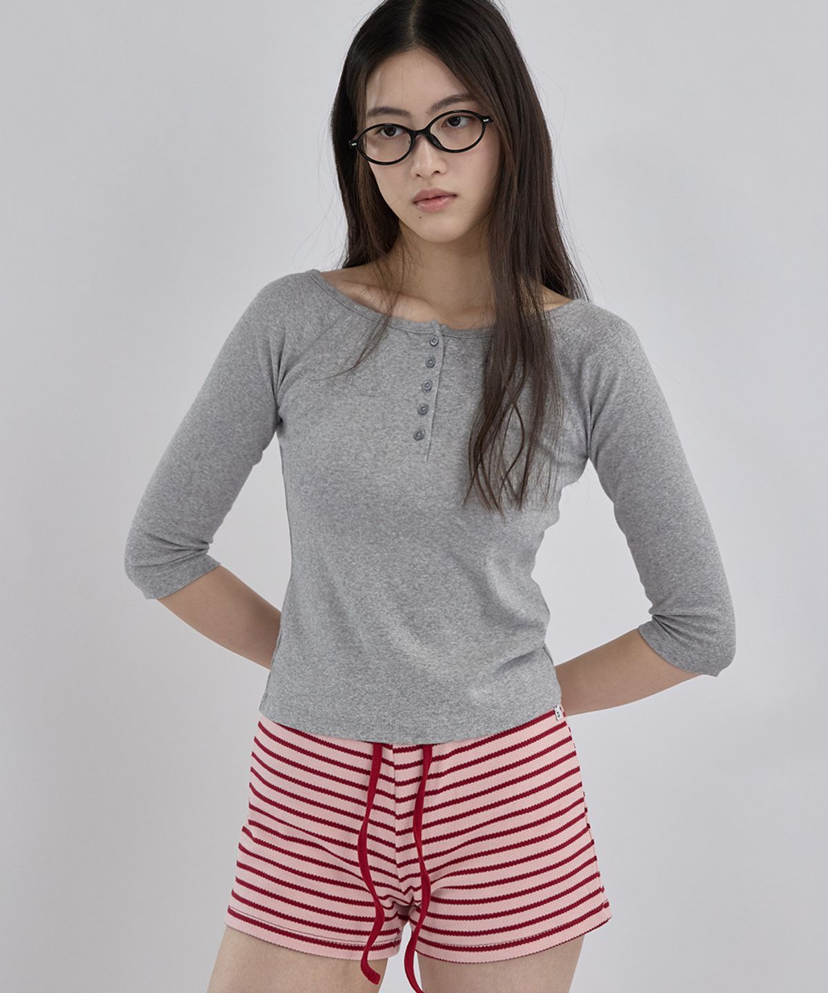렌세(RENSE) Button Henley Neck Tee Melange Gray