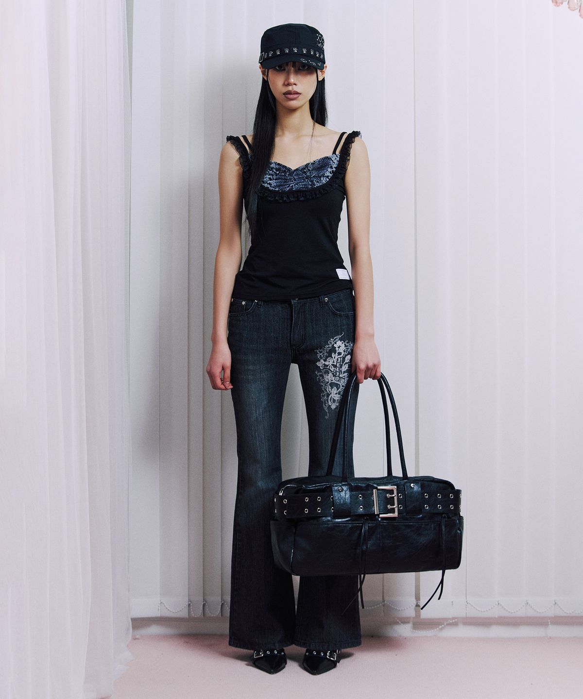 일리오(ILLIO) Black Eyelet belt Boston bag