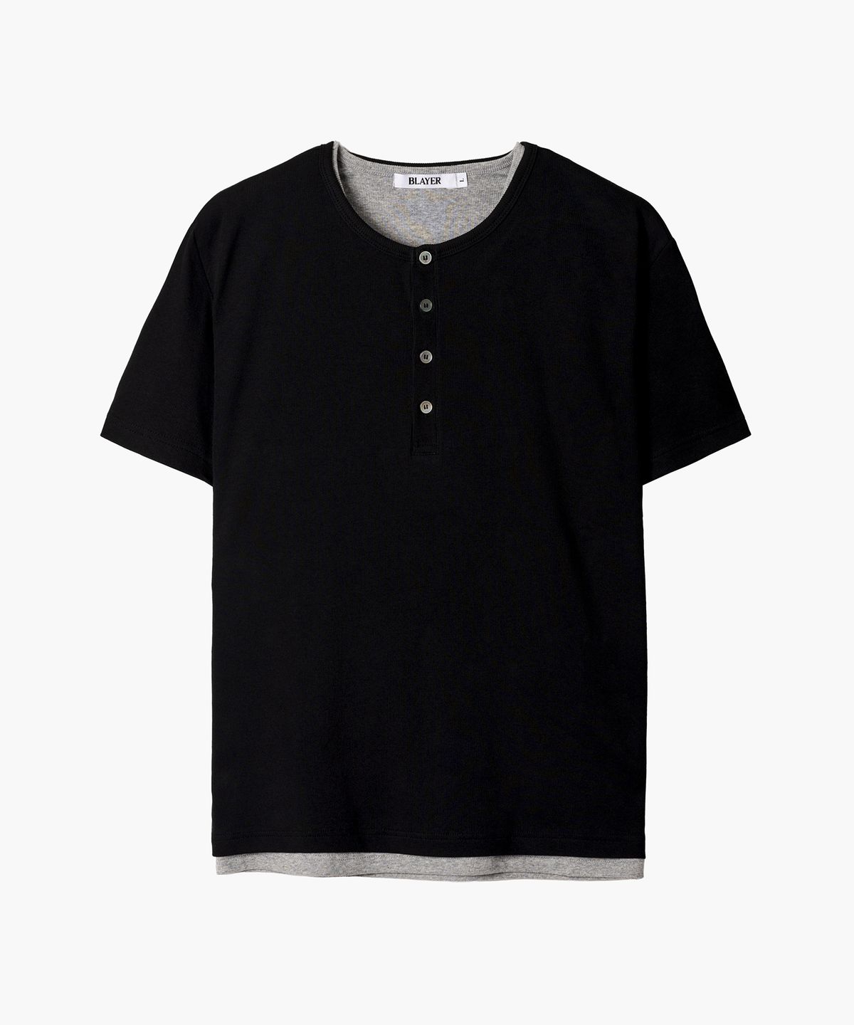 블레이어(BLAYER) 더블 레이어링 리브드 헨리넥 반팔 티셔츠 [BLACK]