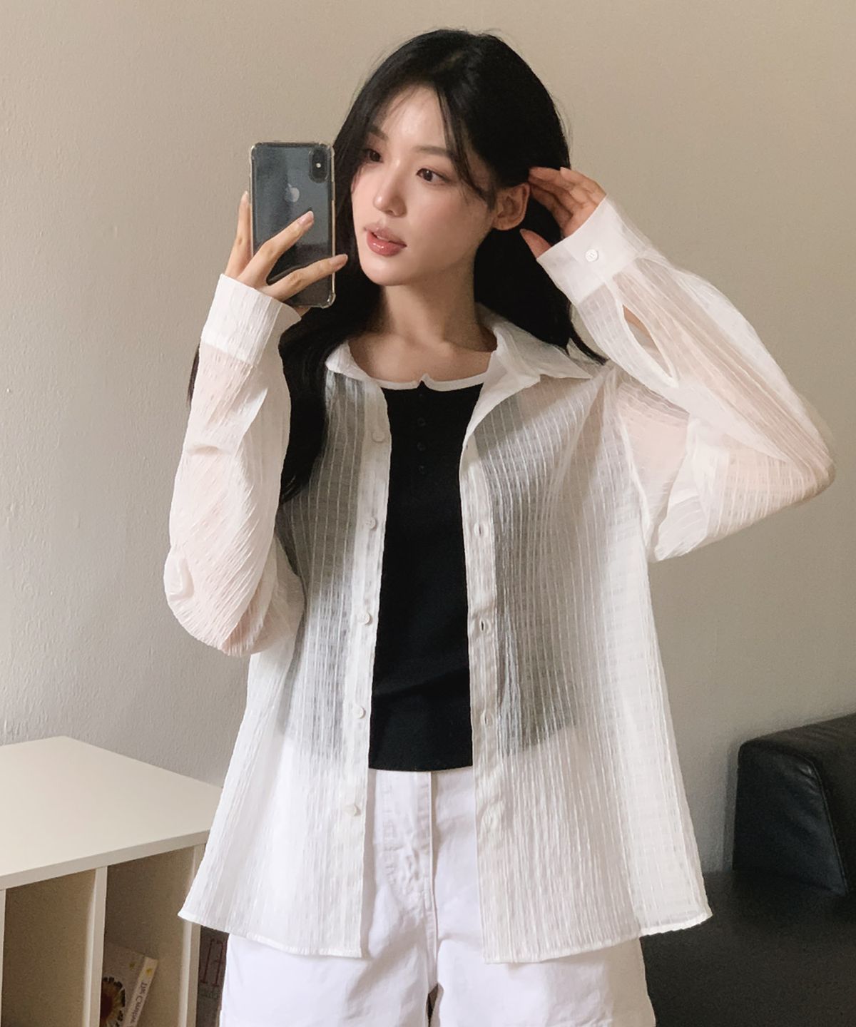 에이에이유(AAU) 시어드 브이넥 카라 셔츠_아이보리