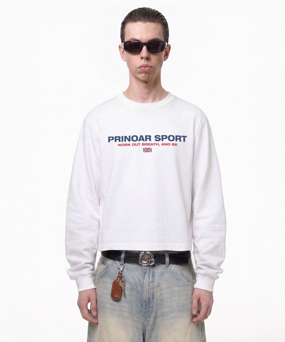 프리노어(PRINOAR) 스포츠 세미 크롭 긴팔 티셔츠 - 화이트
